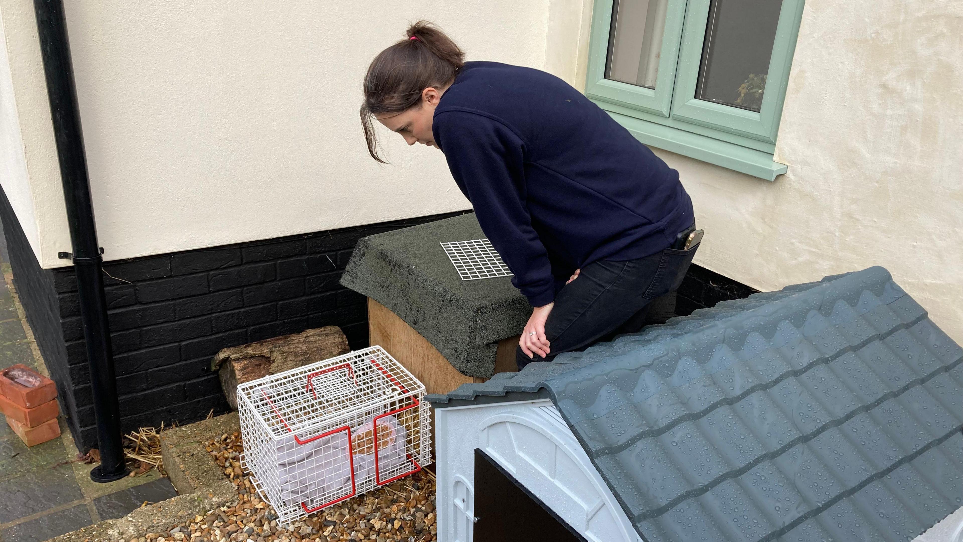 A woman with dark brown hair in a ponytail wearing a navy jumper and black jeans crouched over a white cage used to trap feral cats