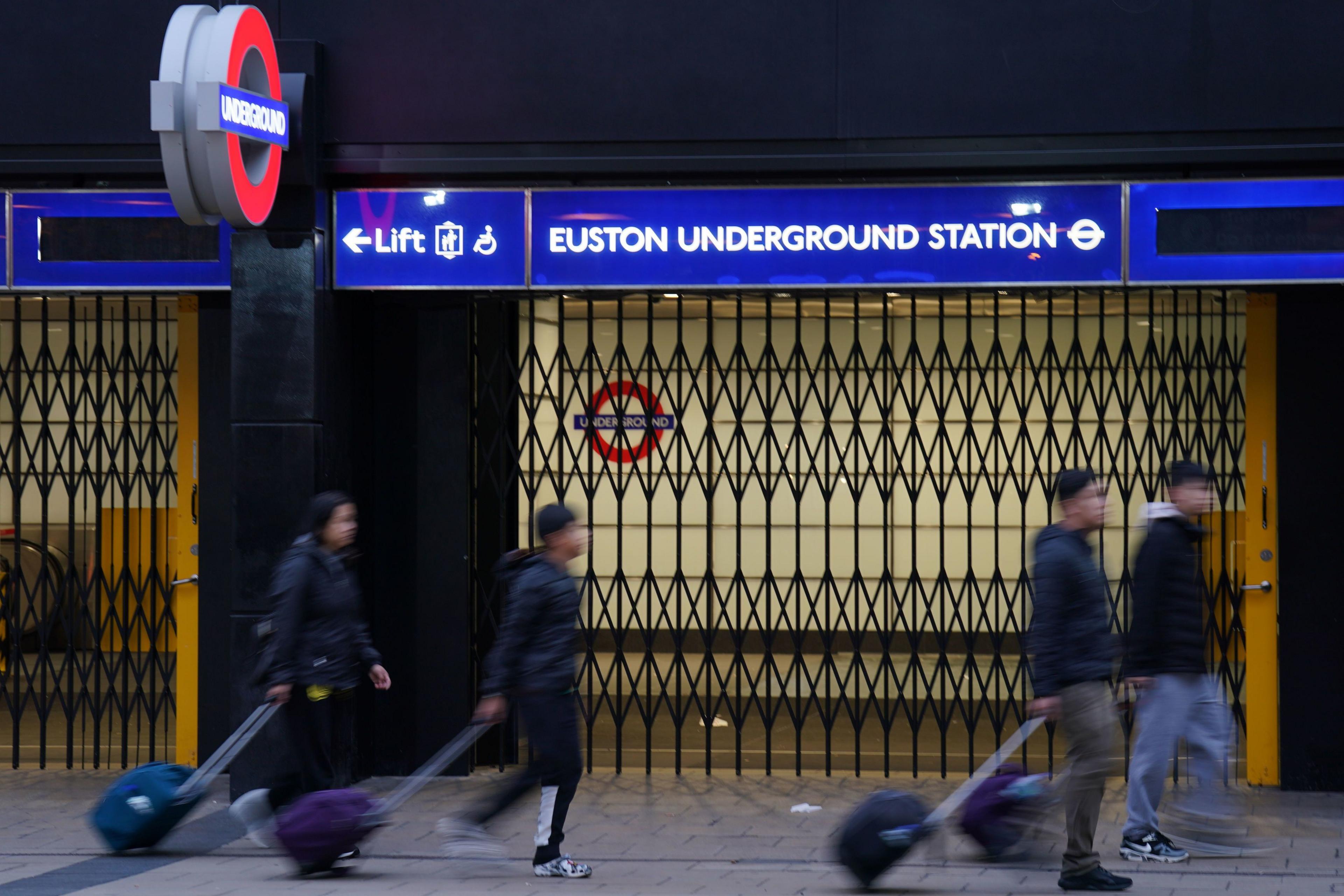 Barriers are drawn across the entrance to Euston Underground station