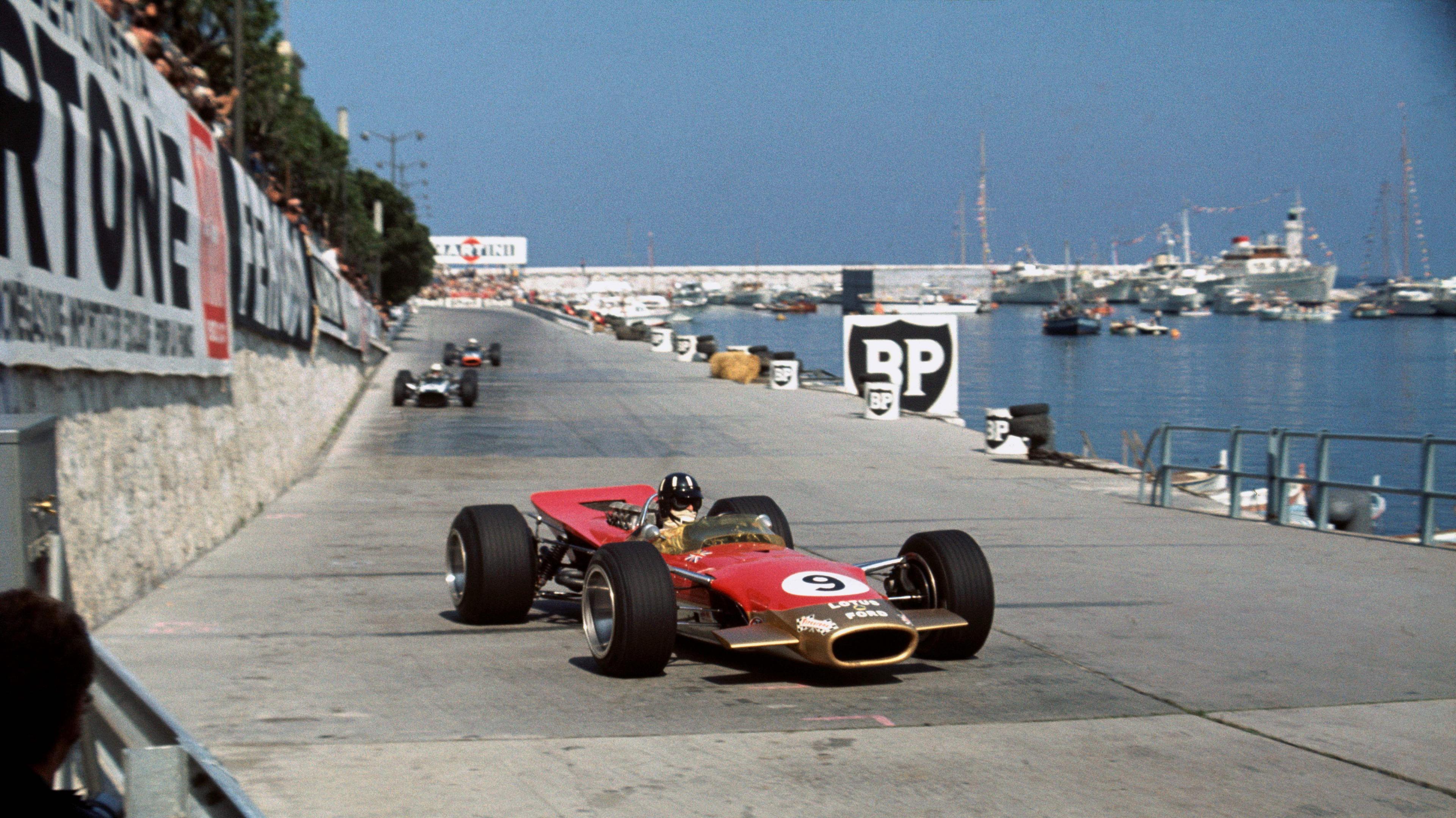 Graham Hill drives through Tabac on his way to victory in the 1968 Monaco Grand Prix