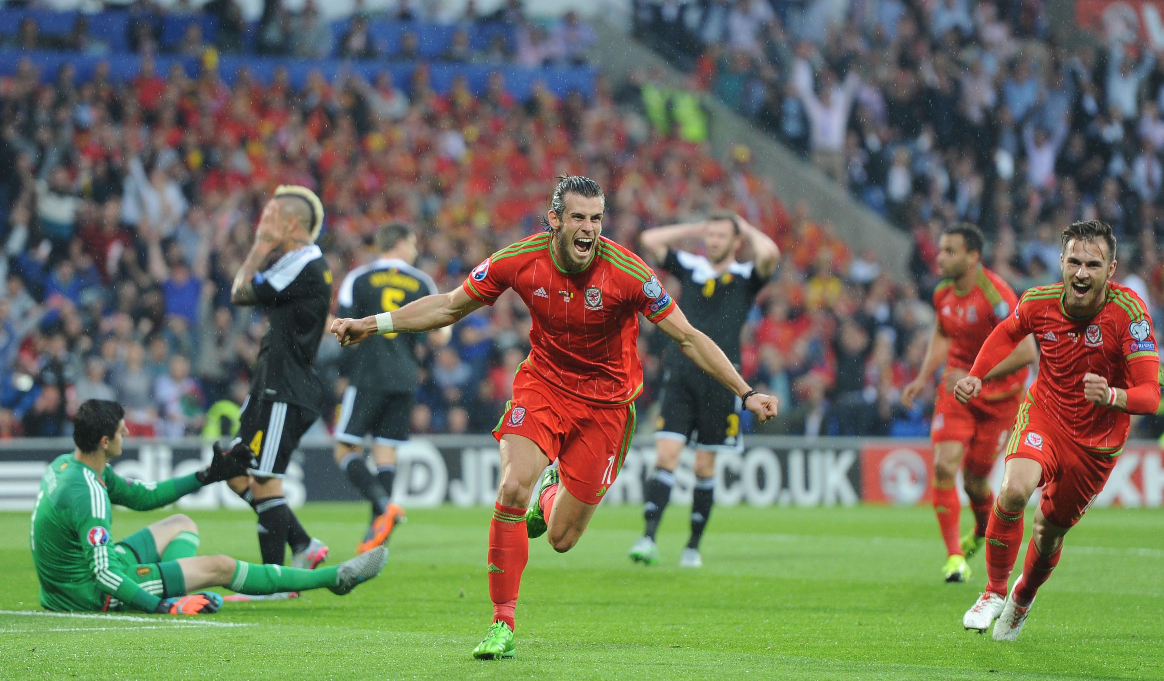 Gareth Bale celebrates after scoring against Belgium in 2015