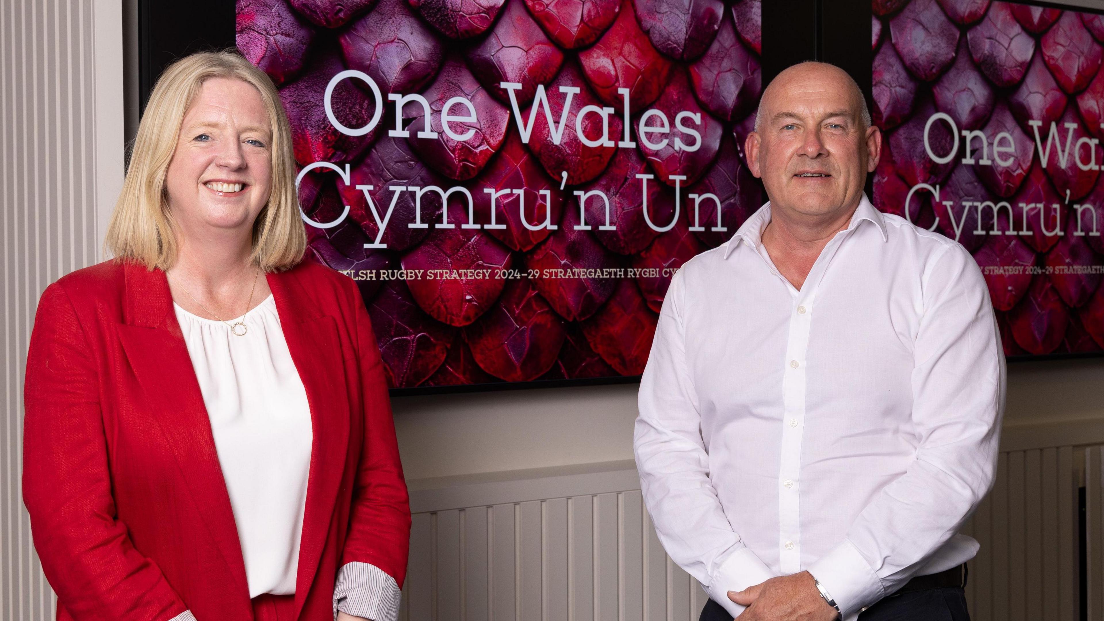 Abi Tierney and Richard Collier-Keywood at the press conference to announce the WRU One Wales Strategy in 2024
