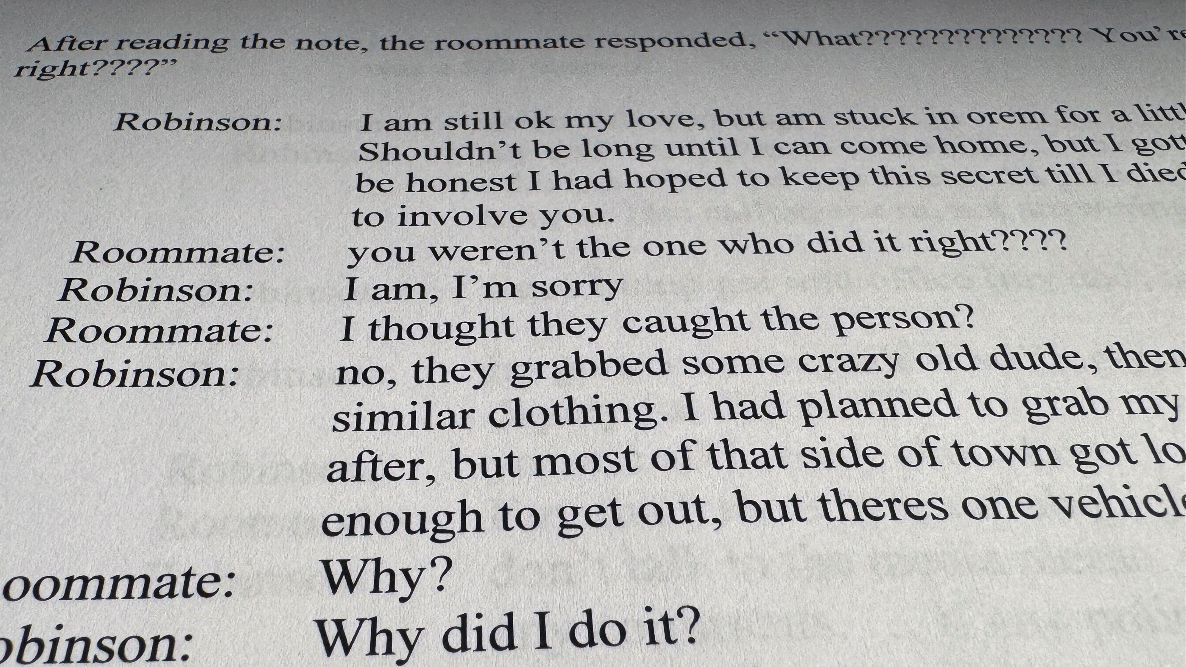 A charging document that shows the alleged text exchange between the suspect and his roomate