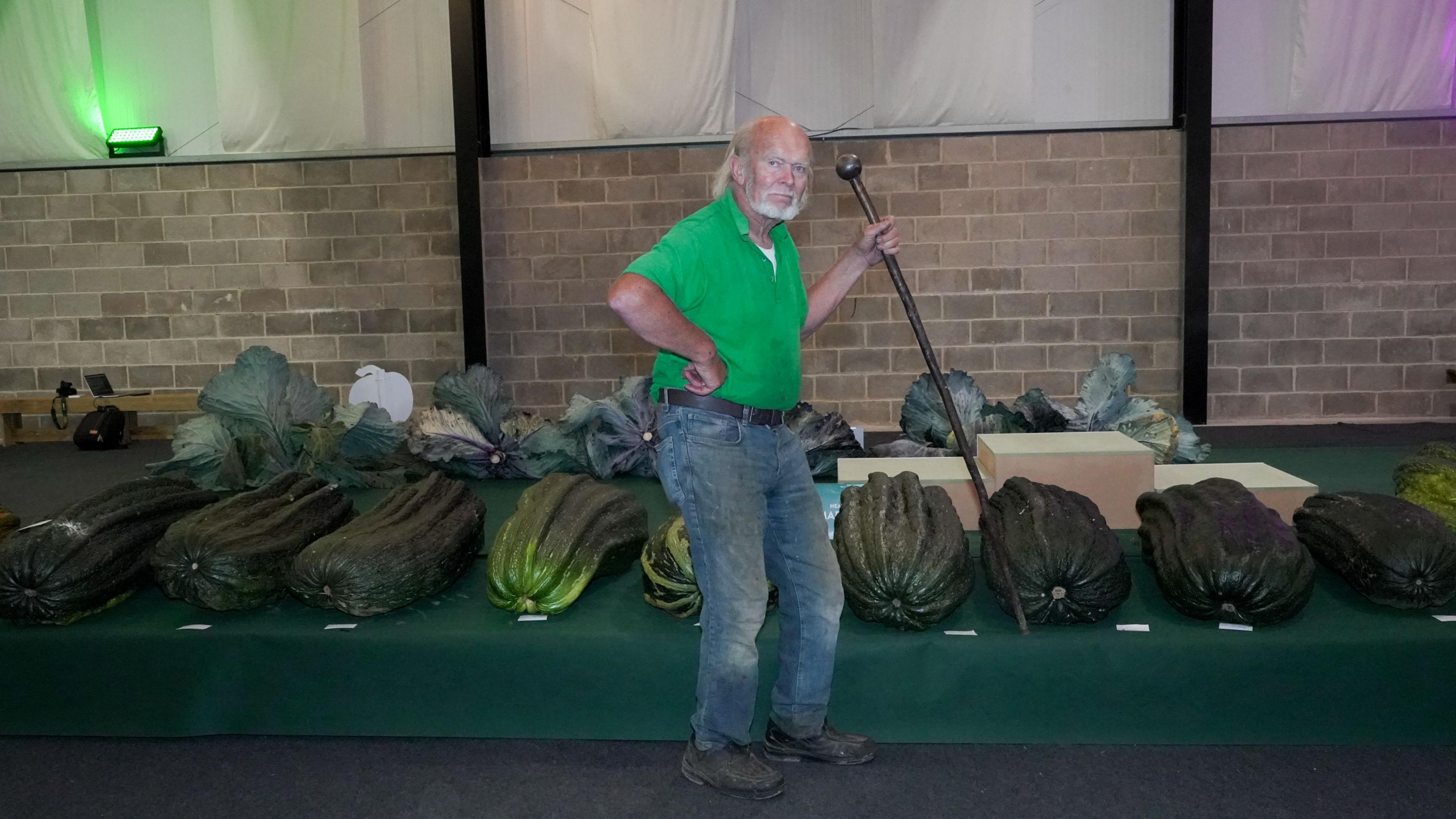 A man with a walking stick, held in the air, hand on his hip, standing in front of a line of huge marrows.