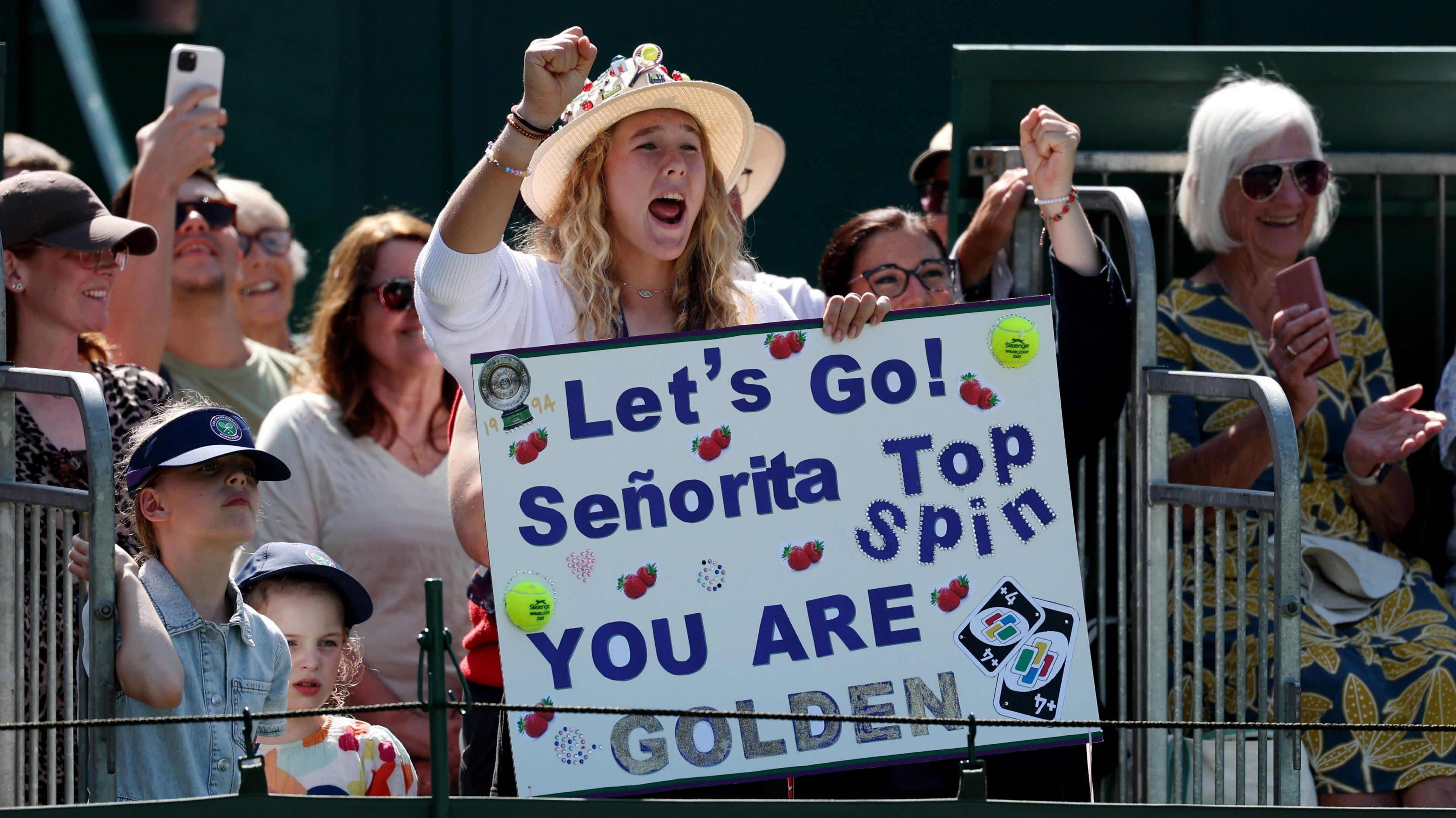 Mirra Andreeva supporting coach Conchita Martinez in her invitiational doubles match on court 16 at Wimbledon 