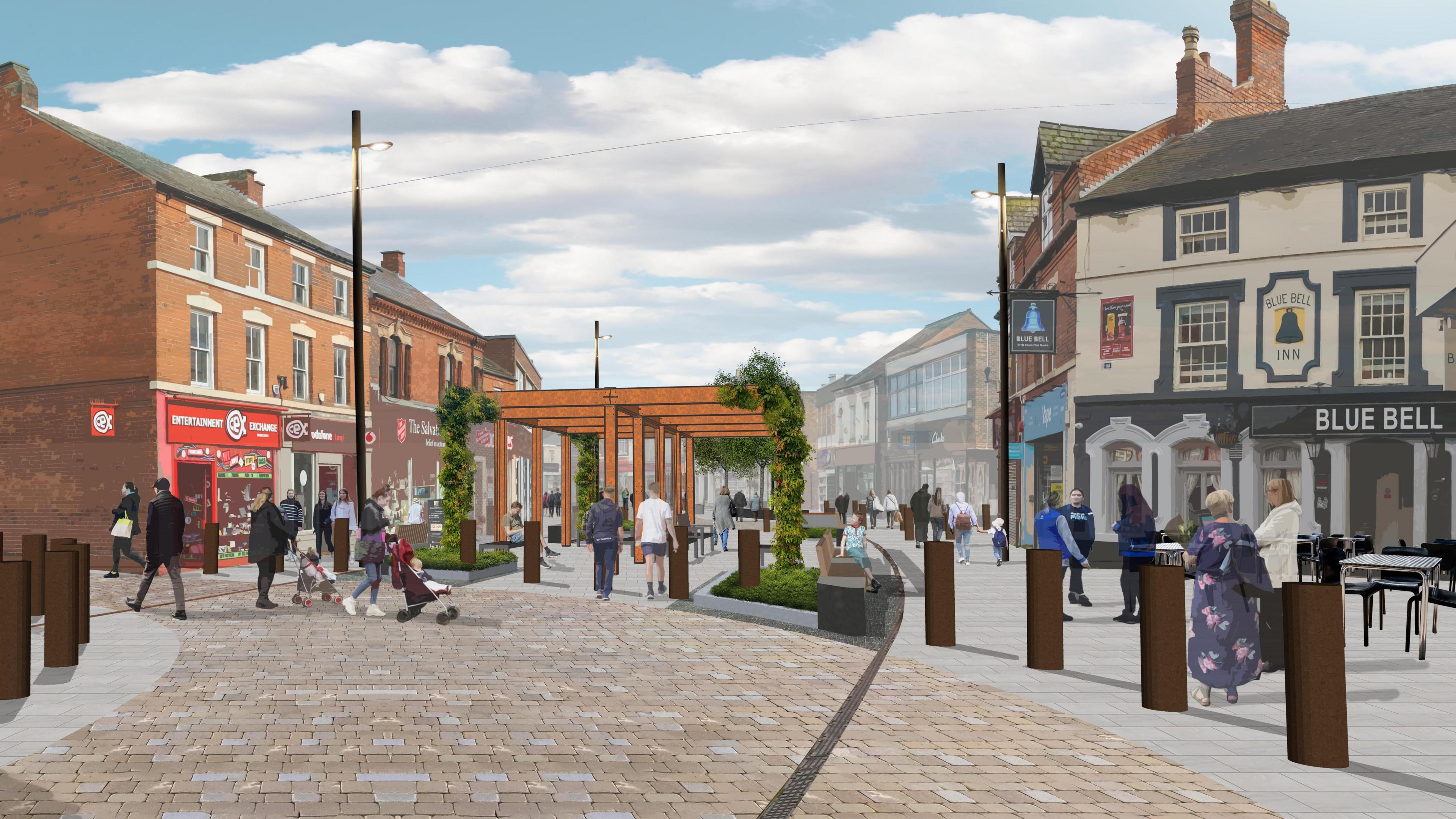 An artists impression of a revamped Long Eaton town centre with new bollards, planting and wooden shelters