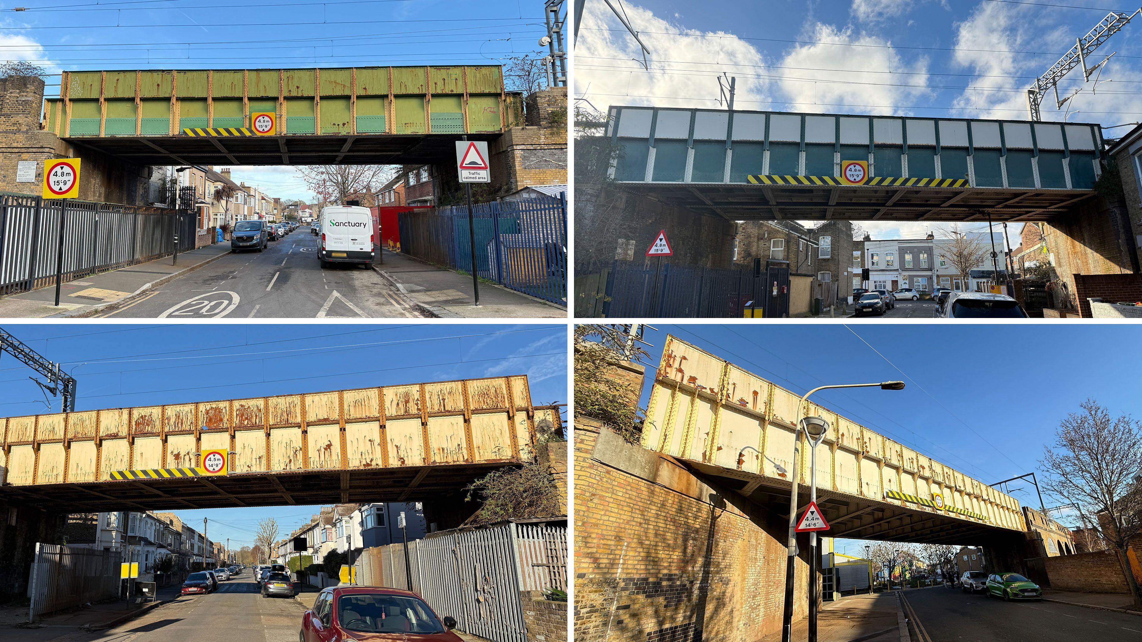 Composite image shows four rusting bridges, the top two are green, the bottom two white