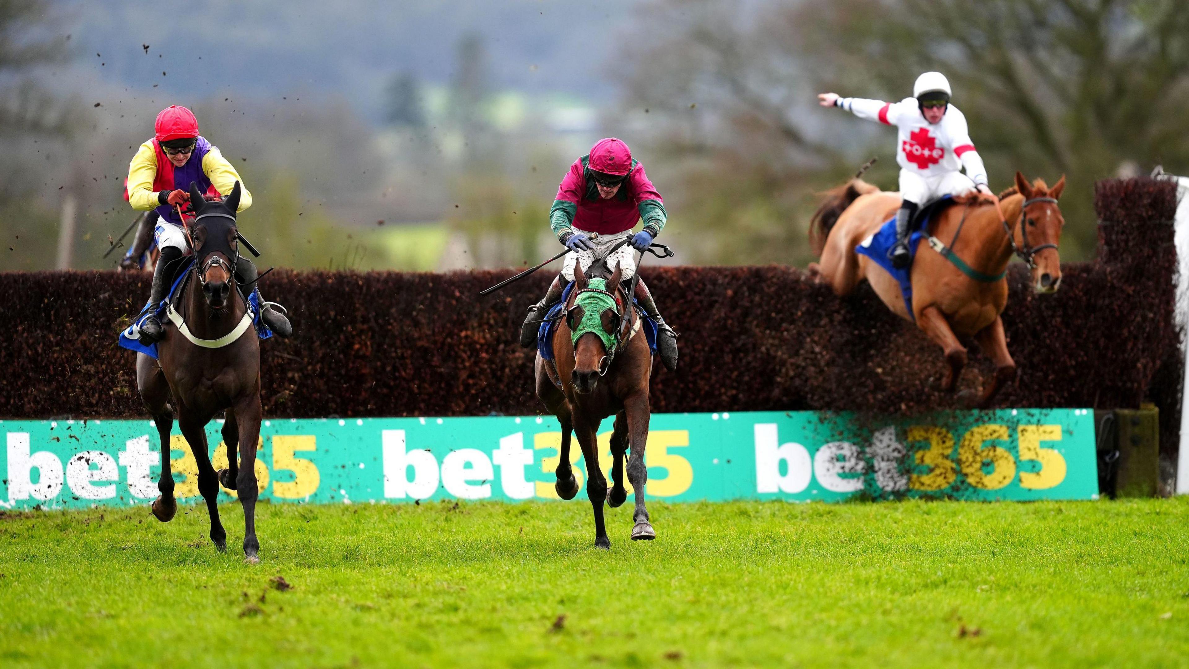 Three horses with their riders racing over a hurdle at Taunton race course. The jockeys are wearing bright yellow and pink tops.