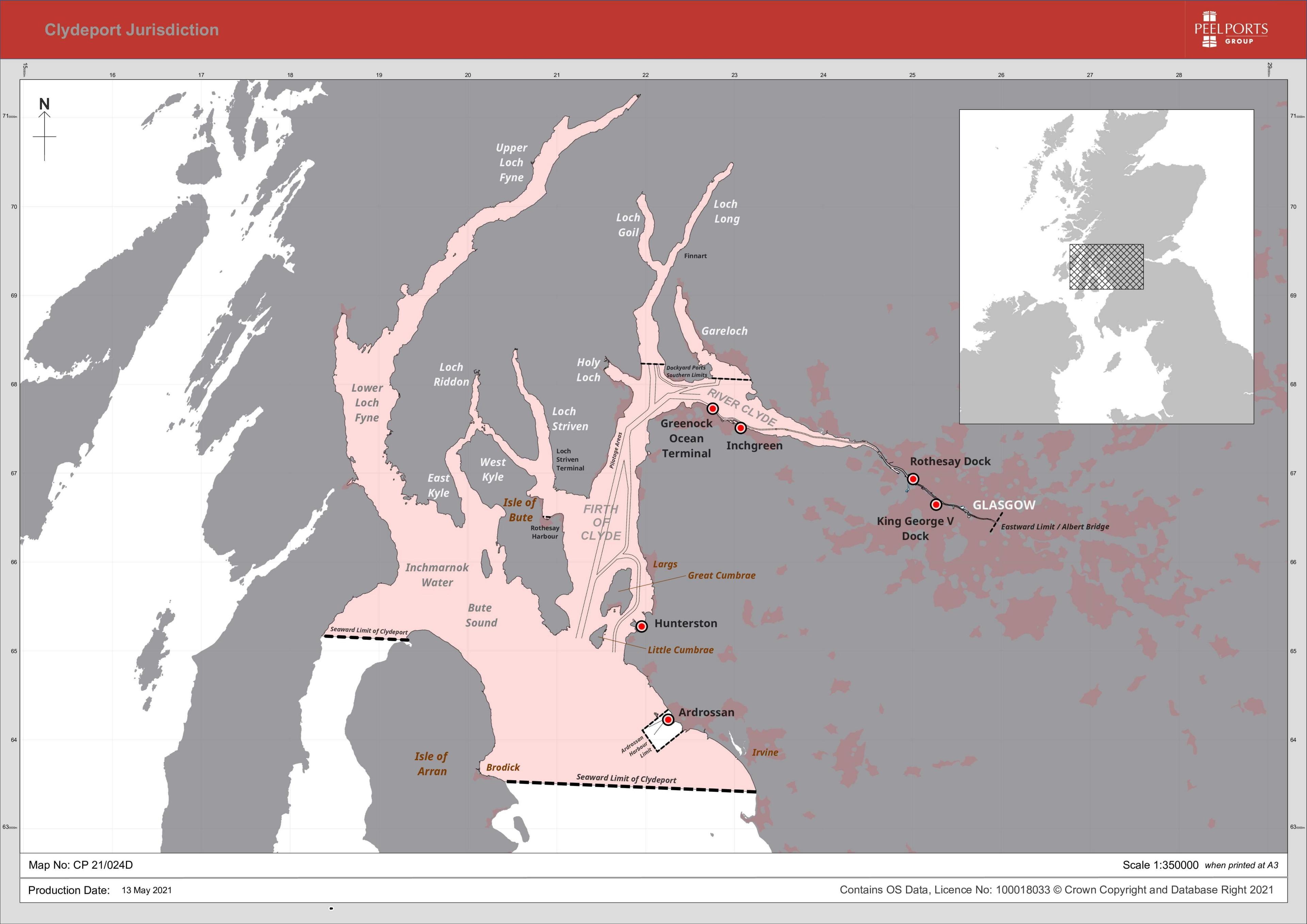 Map showing a section of the central belt of Scotland, showing the boundary lines of land owned by Peel Ports. The area stretches from near Brodick, Arran up to Glasgow including the River Clyde, Firth of the Clyde, lower Loch Fyne, Inchmarnock water and Bute sound. Ports of Greenock ocean terminal, Inchgreen dry dock, King George V dock, Rothesay dock, Hunterston and Ardrossan are labelled.