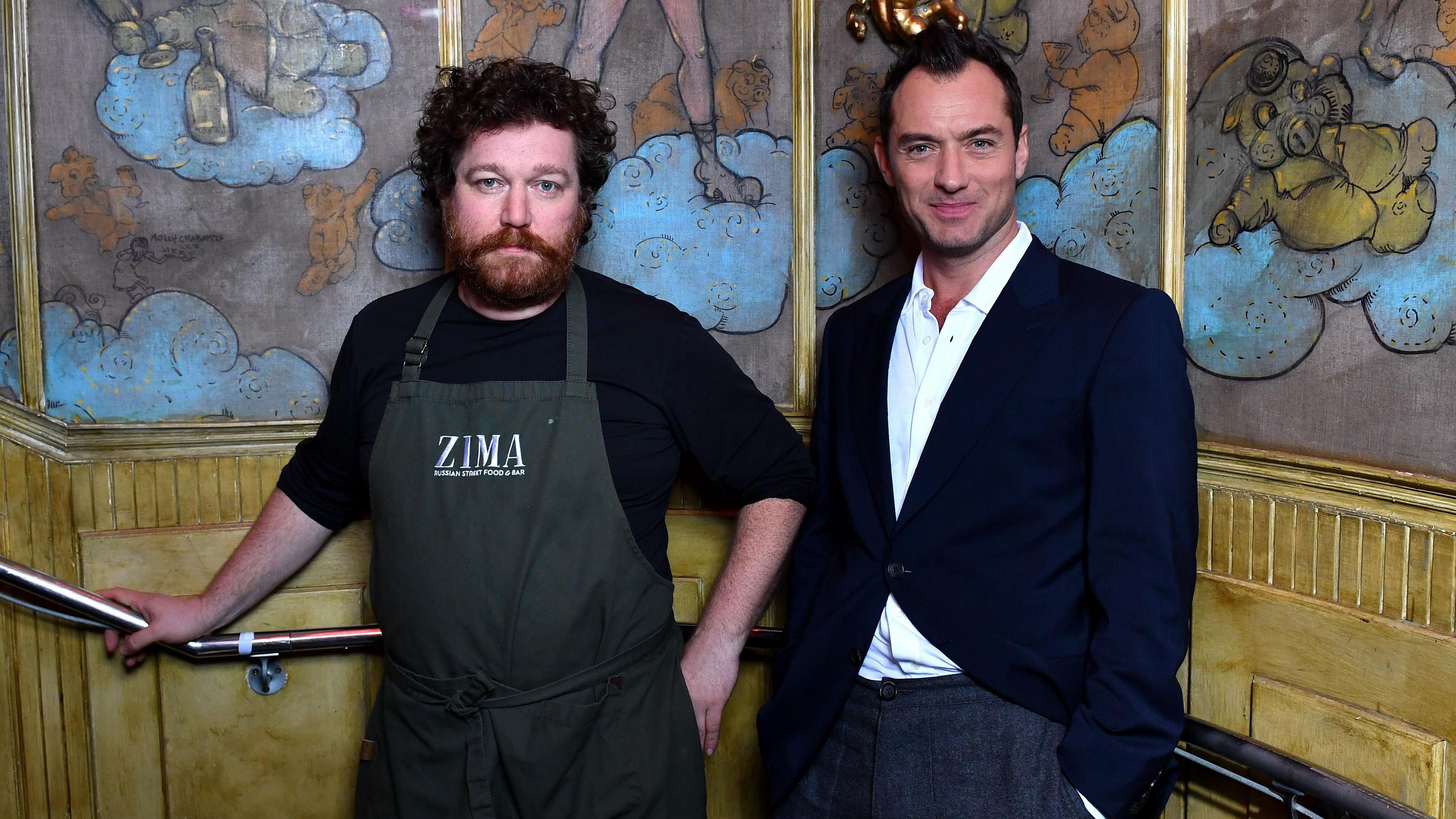 Actor Jude Law at The Box poses with head chef Alexei Zimin during The Life RX Live, a digital first, improvised on-the-road live-streamed performance to celebrate the launch of the new Lexus RX in Soho