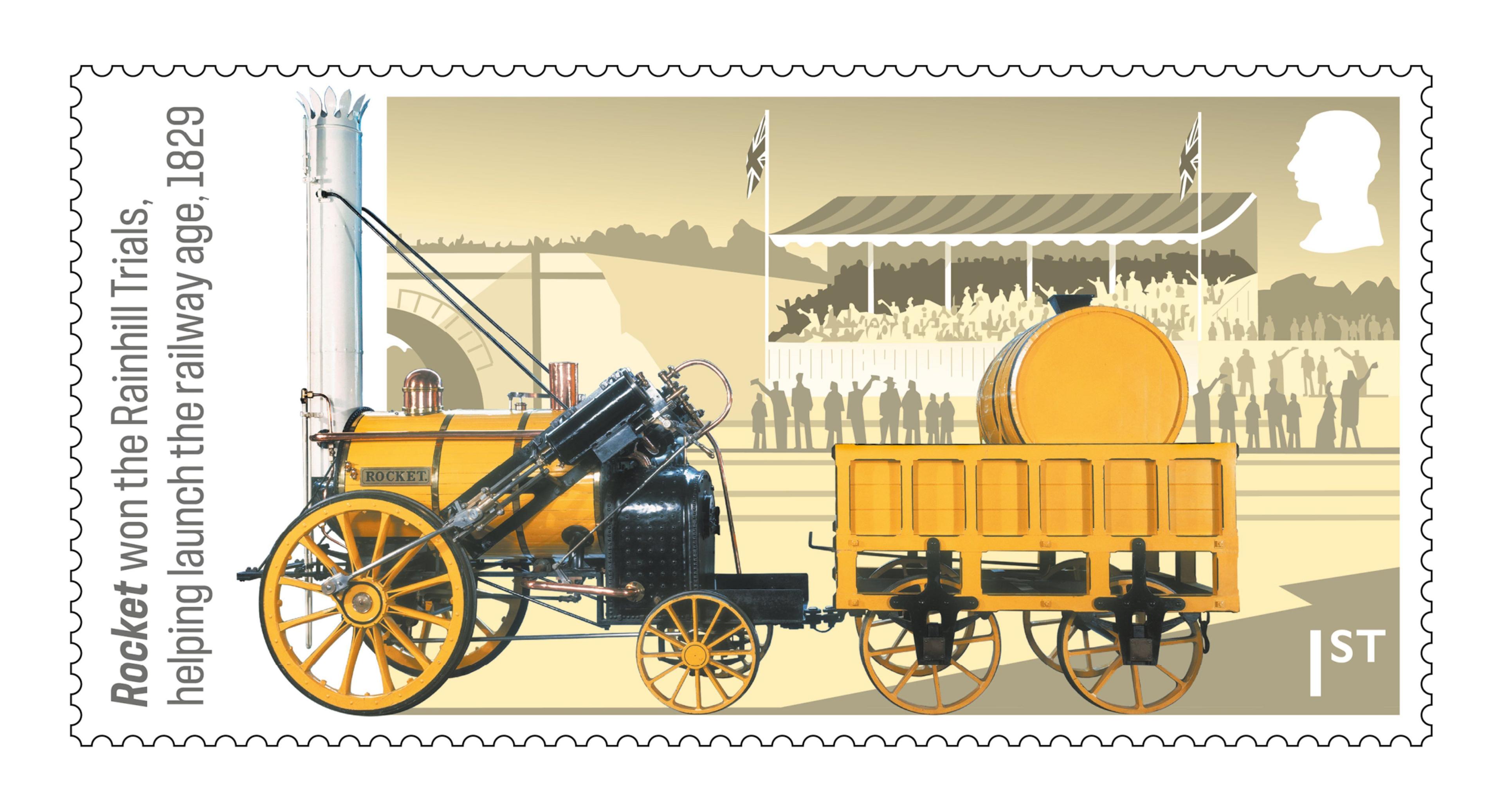 Rocket stamp, one of a set of six stamps to celebrate British steam locomotives and the development of UK railways. 