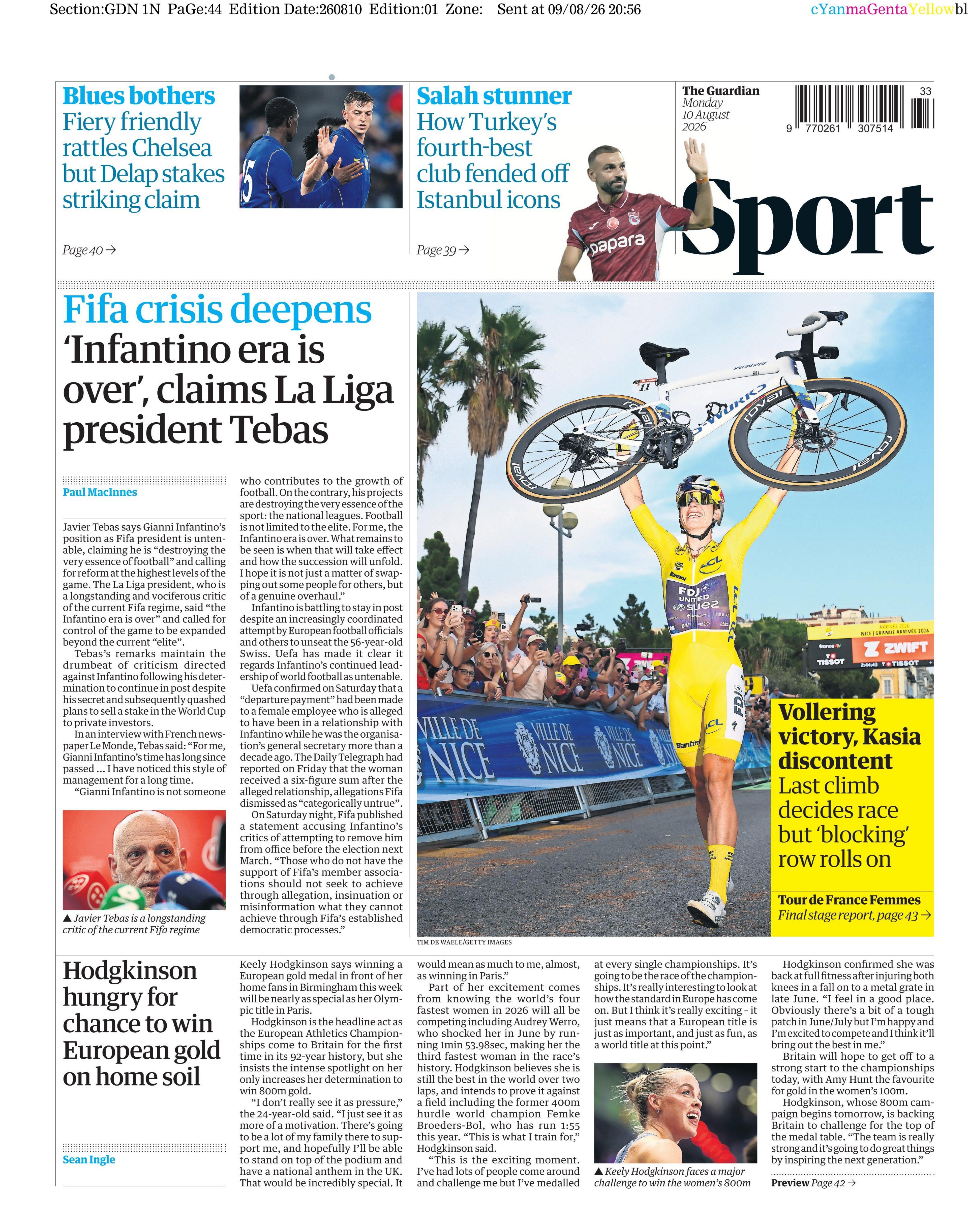 Lead sport page in the Guardian on 9 August 2026