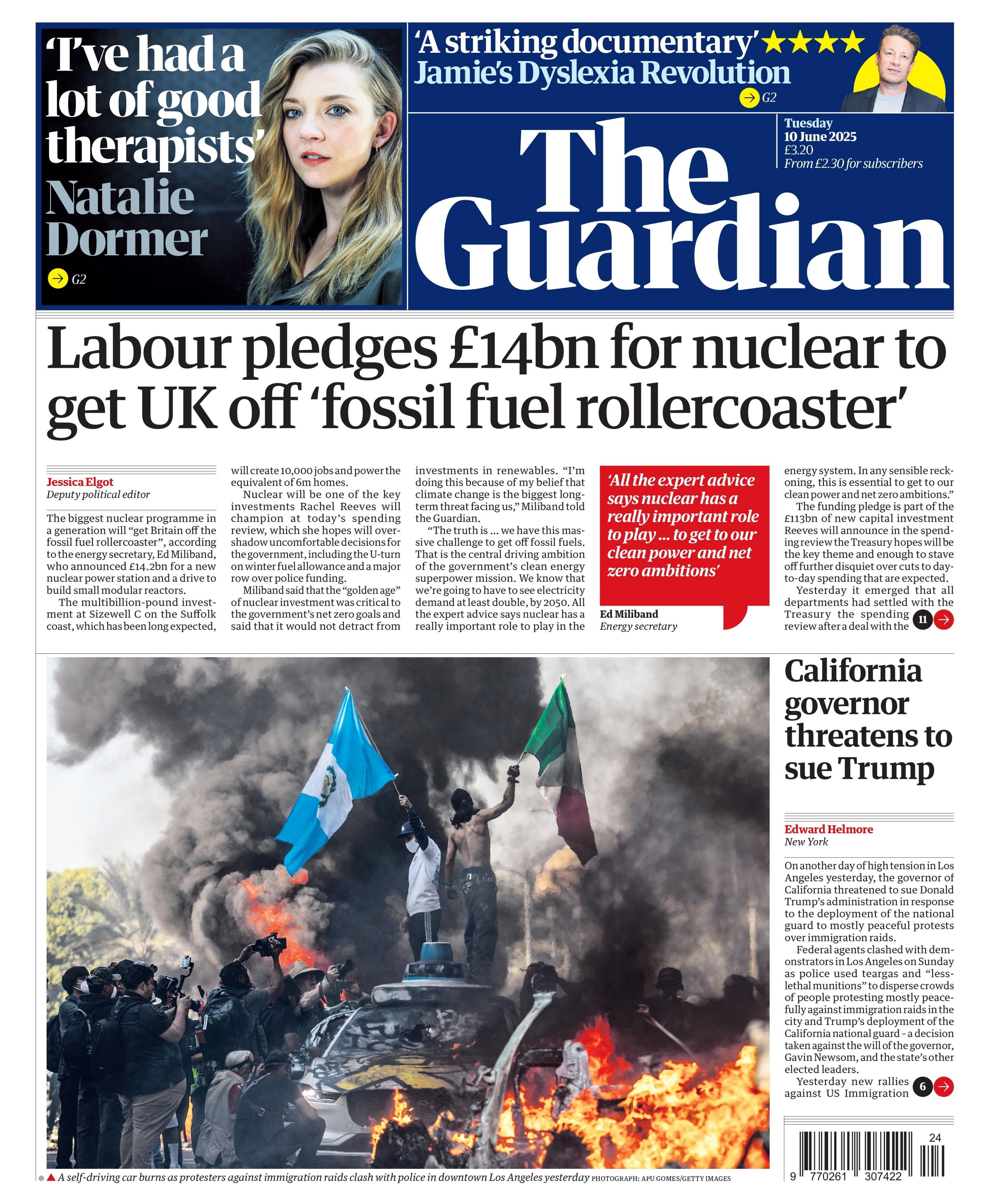 The headline of The Guardian reads: "Labour pledges £14bn for nuclear to get UK off 'fossil fuel rollercoaster'". 