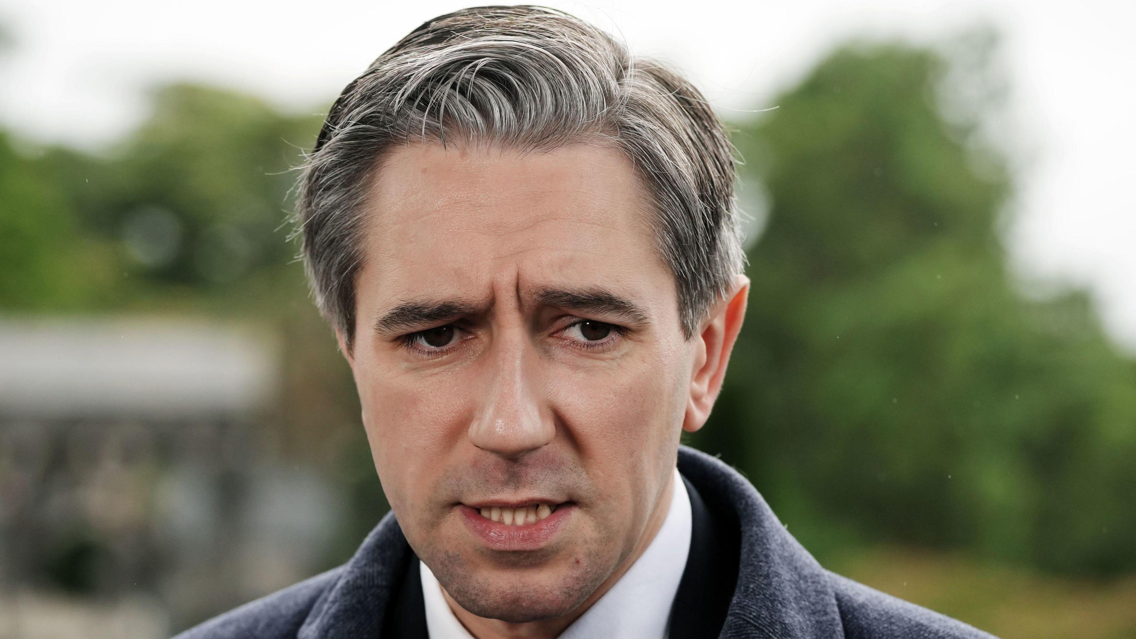 Simon Harris is speaking to the media. He has salt and pepper coloured hair and brown eyes. He's wearing a grey coat and a black suit with a white shirt and a red and white tie. He's standing outside. The background is blurred but trees and foliage can be seen.