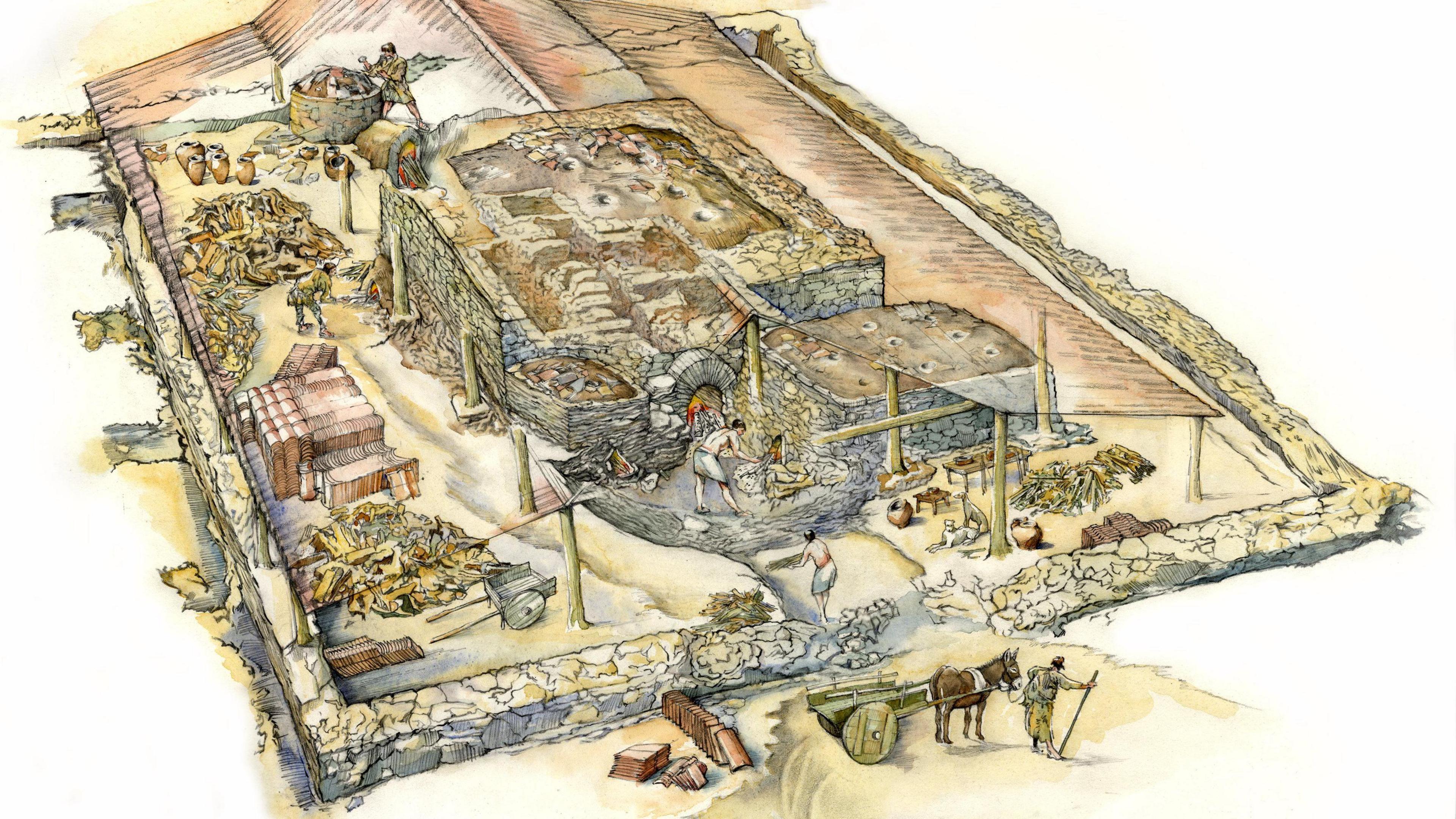 An artist's impression of Roman tile factory, surrounded by stone walls, with piles of tiles and workers 