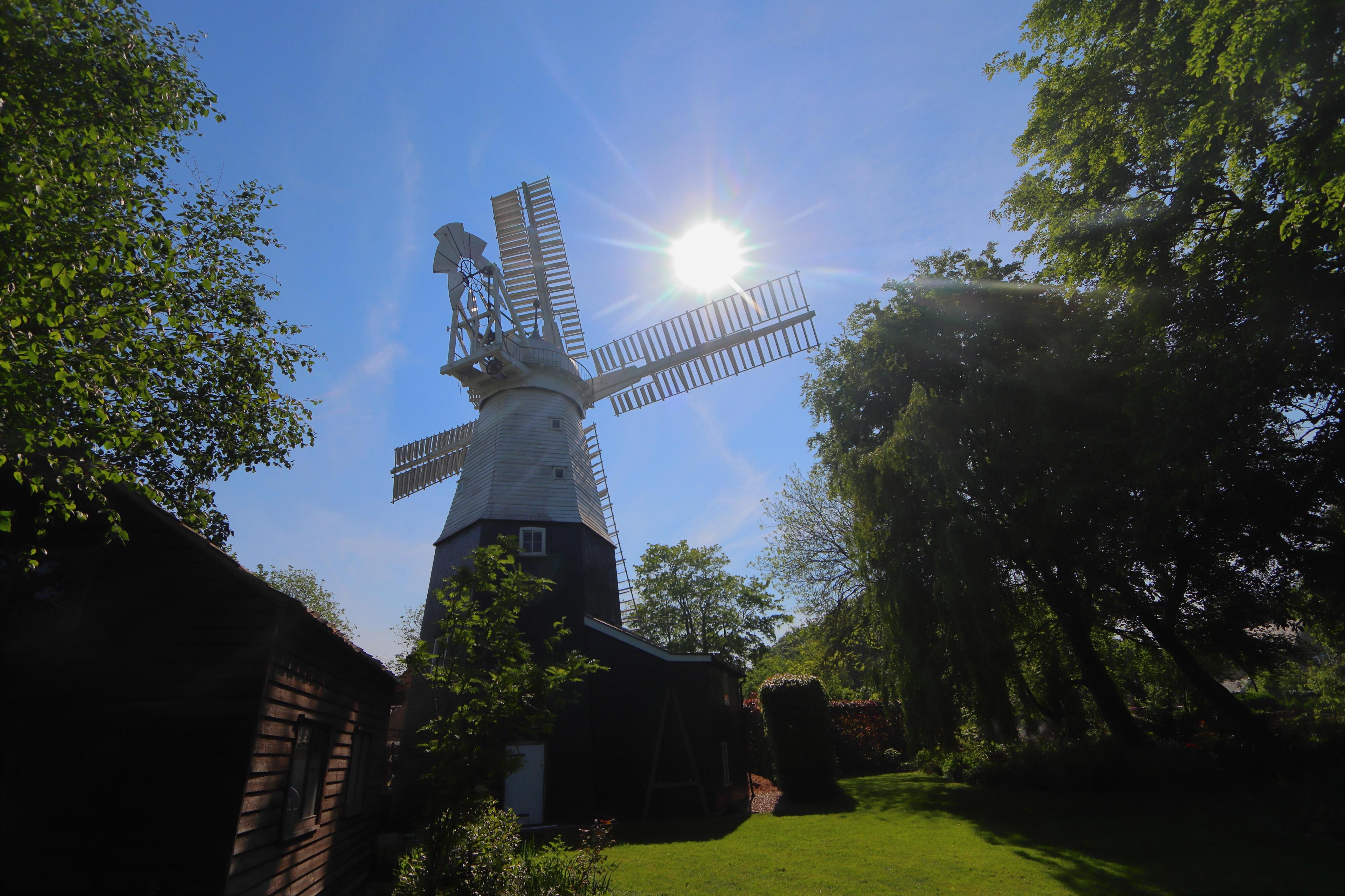 A windmill watches over blue, sunny skies