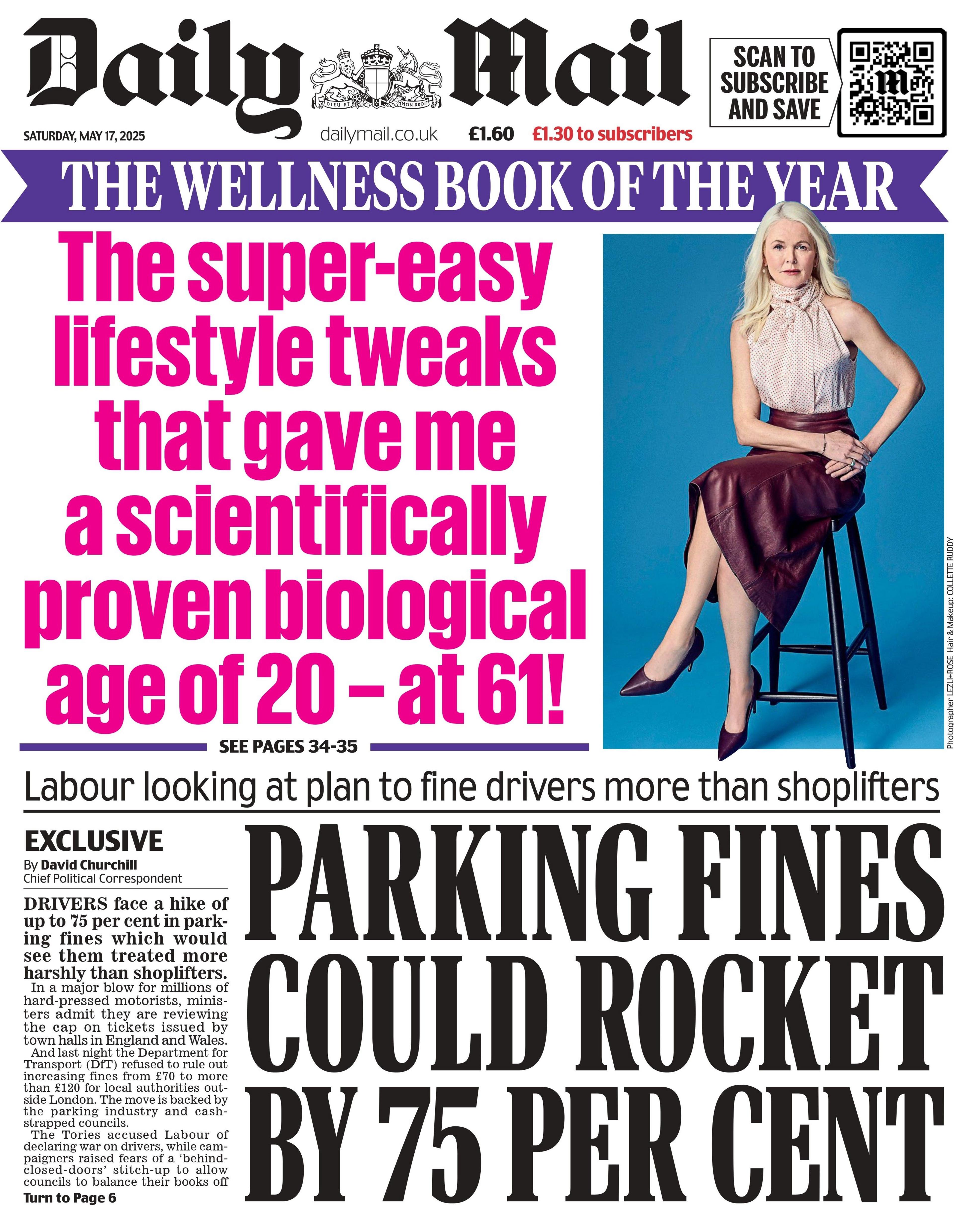 Front page of the Daily Mail reads "Parking fines could rocket by 75 per cent".