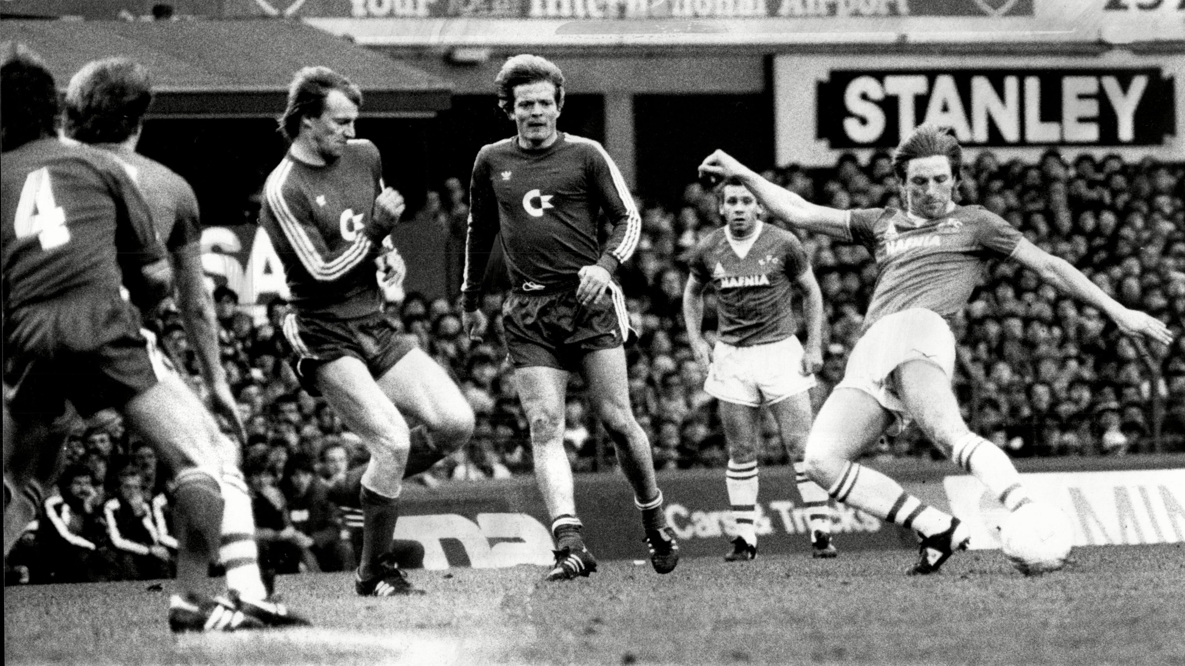 Everton full-back Gary Stevens takes a shot against Bayern Munich in April 1985 at Goodison Park