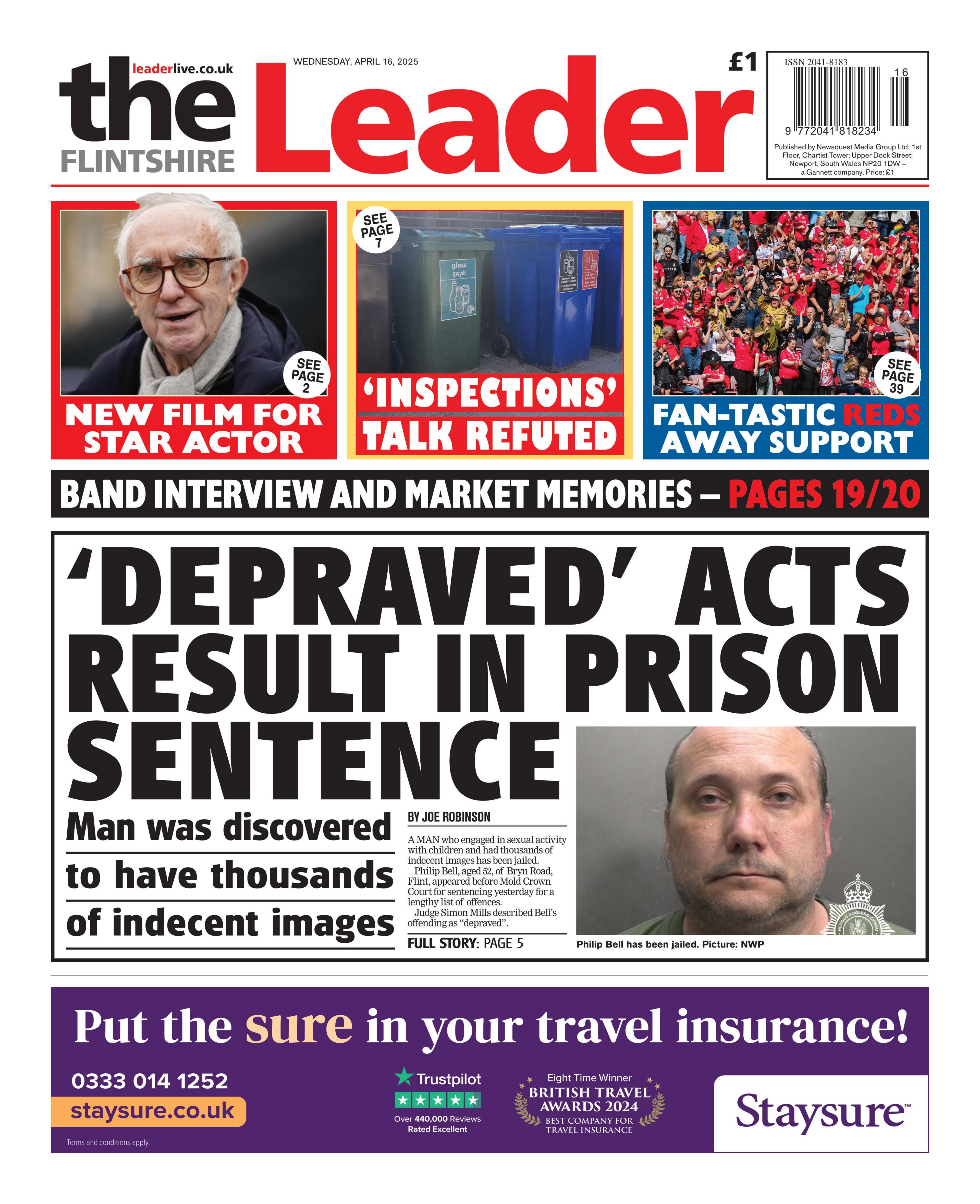 The Flintshire Leader newspaper front page shows main headline next to a photo of a man: 'Depraved' acts result in prison sentence; Man was doscovered to have thousands of indecent images