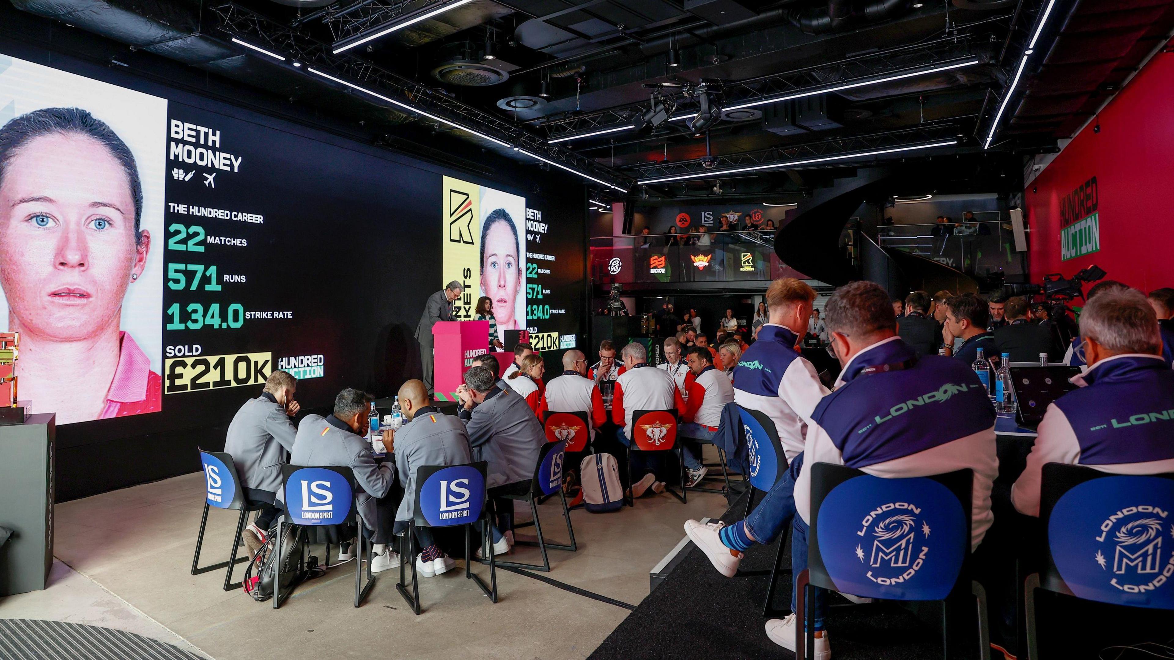 Multiple Hundred team's management gather on seperate tables in an auction room. On a big screen is a photo of Beth Mooney and her statistics (22 matches, 571 runs, and 134 strike rate.) There is an auctioneer at the front