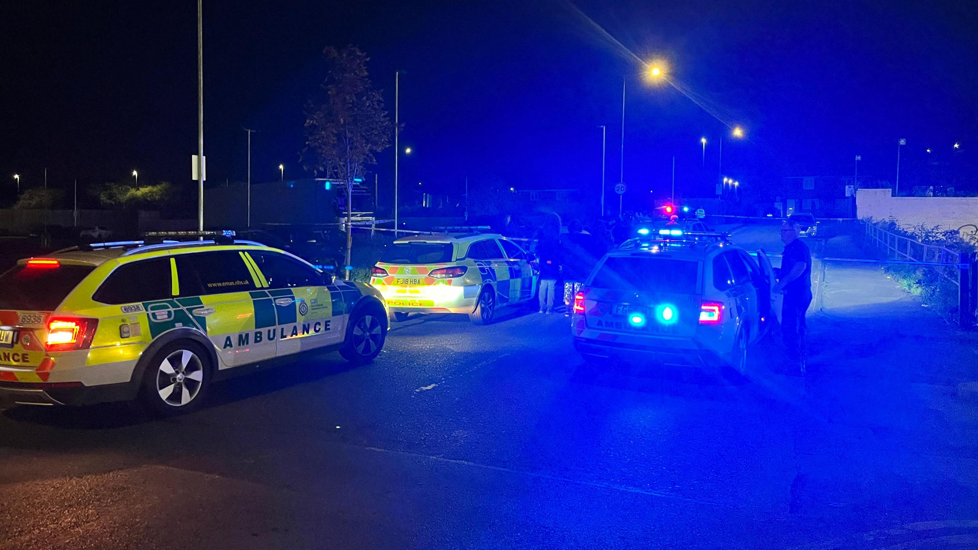 Police cars and ambulances in Marmion Road, Nottinghamshire.