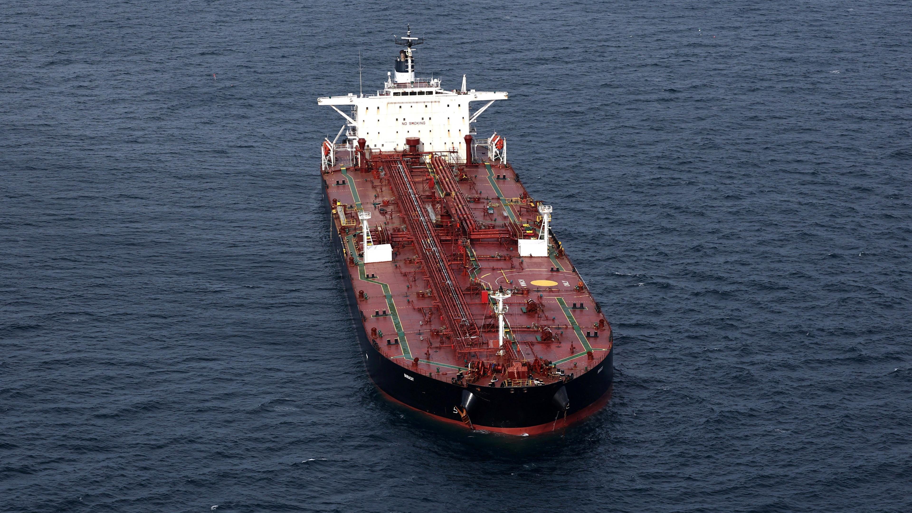 An aerial view shows the oil tanker Boracay off the coast of Saint-Nazaire