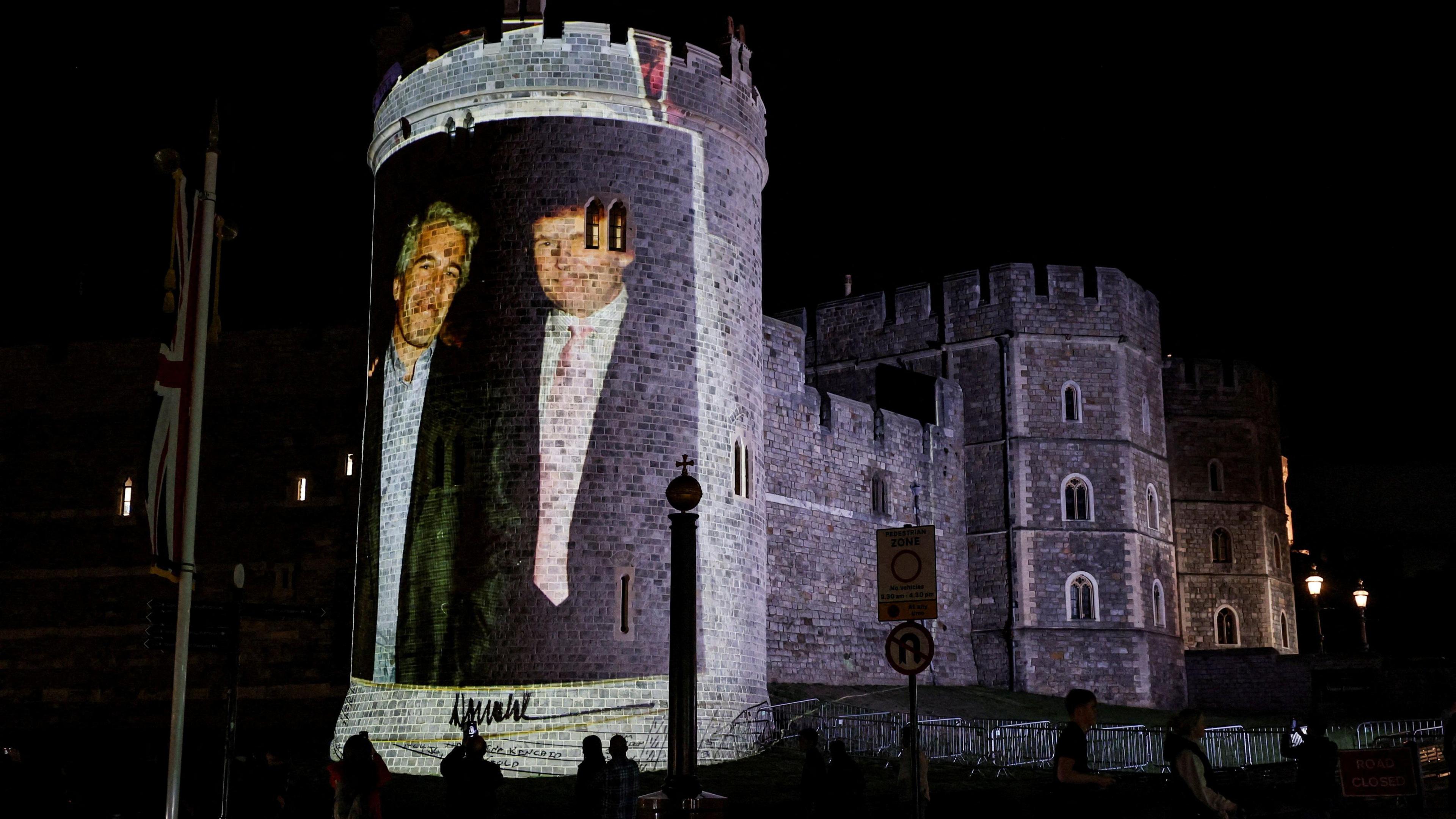 An image of US President Donald Trump and the late disgraced financier and sex offender Jeffrey Epstein is projected on to the walls of Windsor Castle by the campaign group Led By Donkeys on 16 September as the Trumps arrive in the UK. 