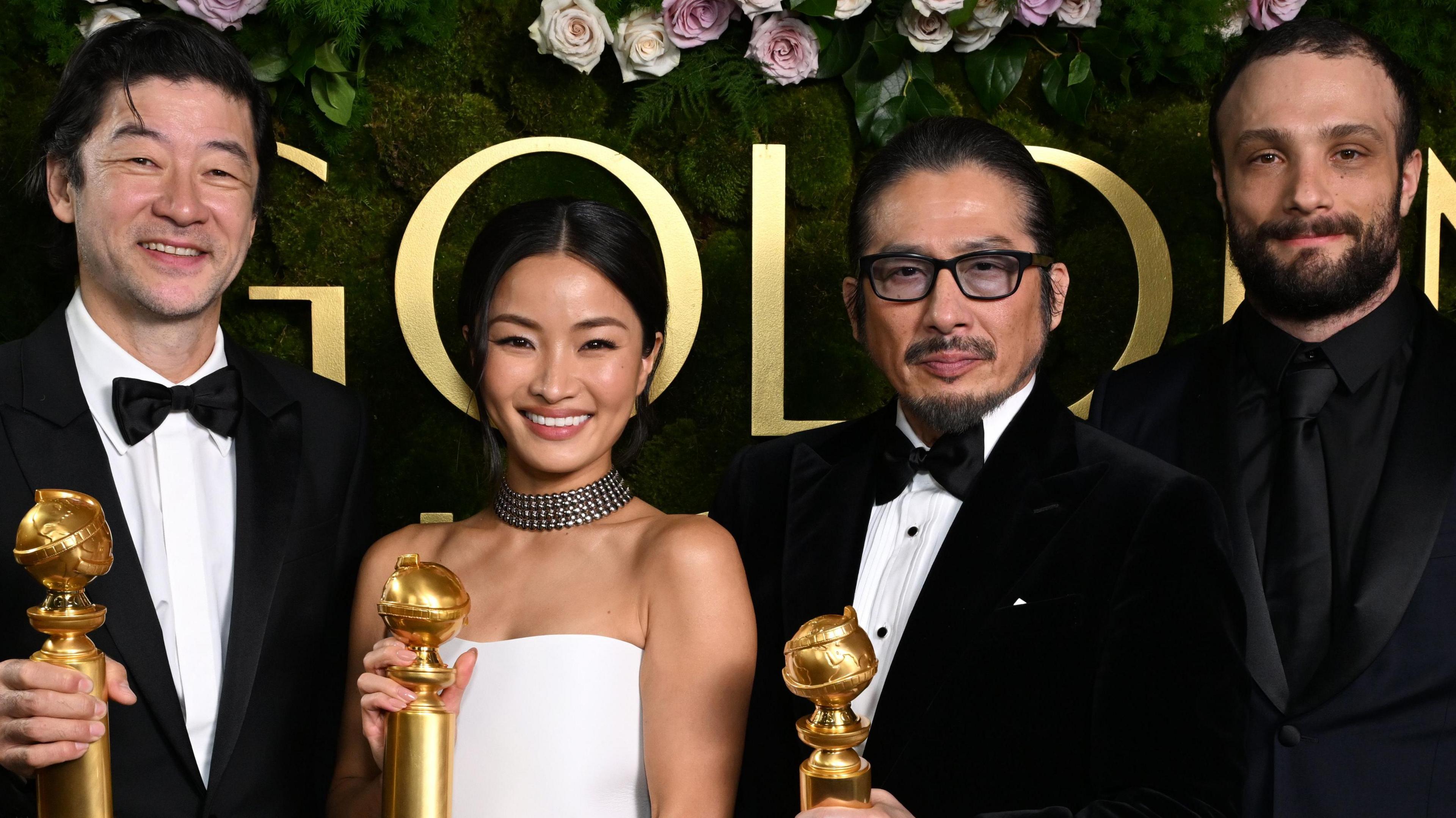 Tadanobu Asano, Anna Sawai, Hiroyuki Sanada, and Cosmo Jarvis on the red carpet at the Golden Globes 