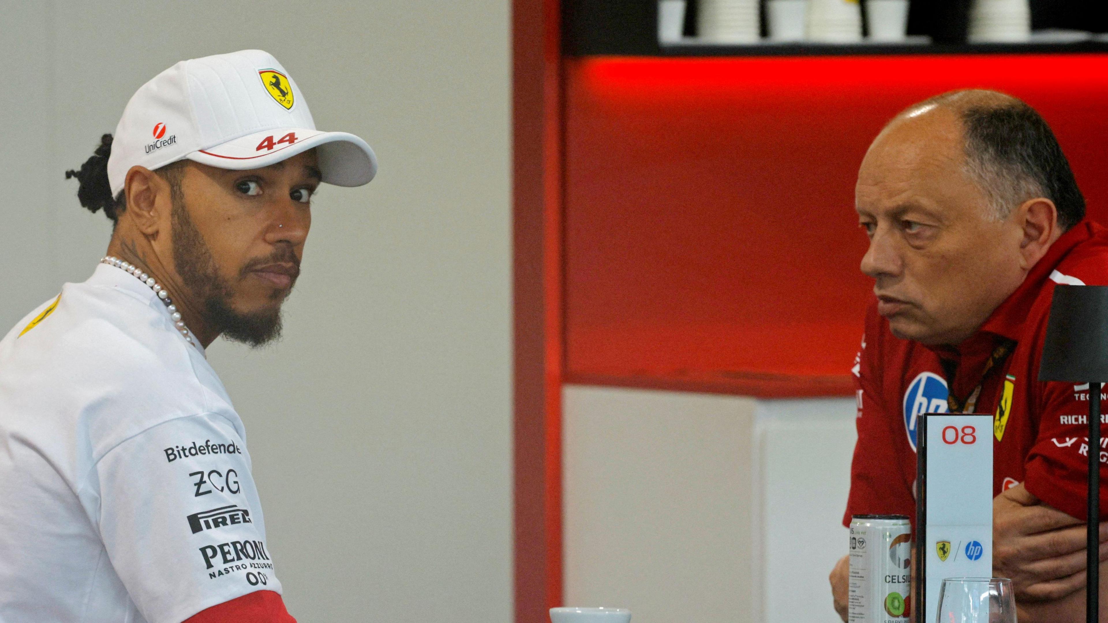 Lewis Hamilton and Frederic Vasseur having a chat after the Miami Grand Prix