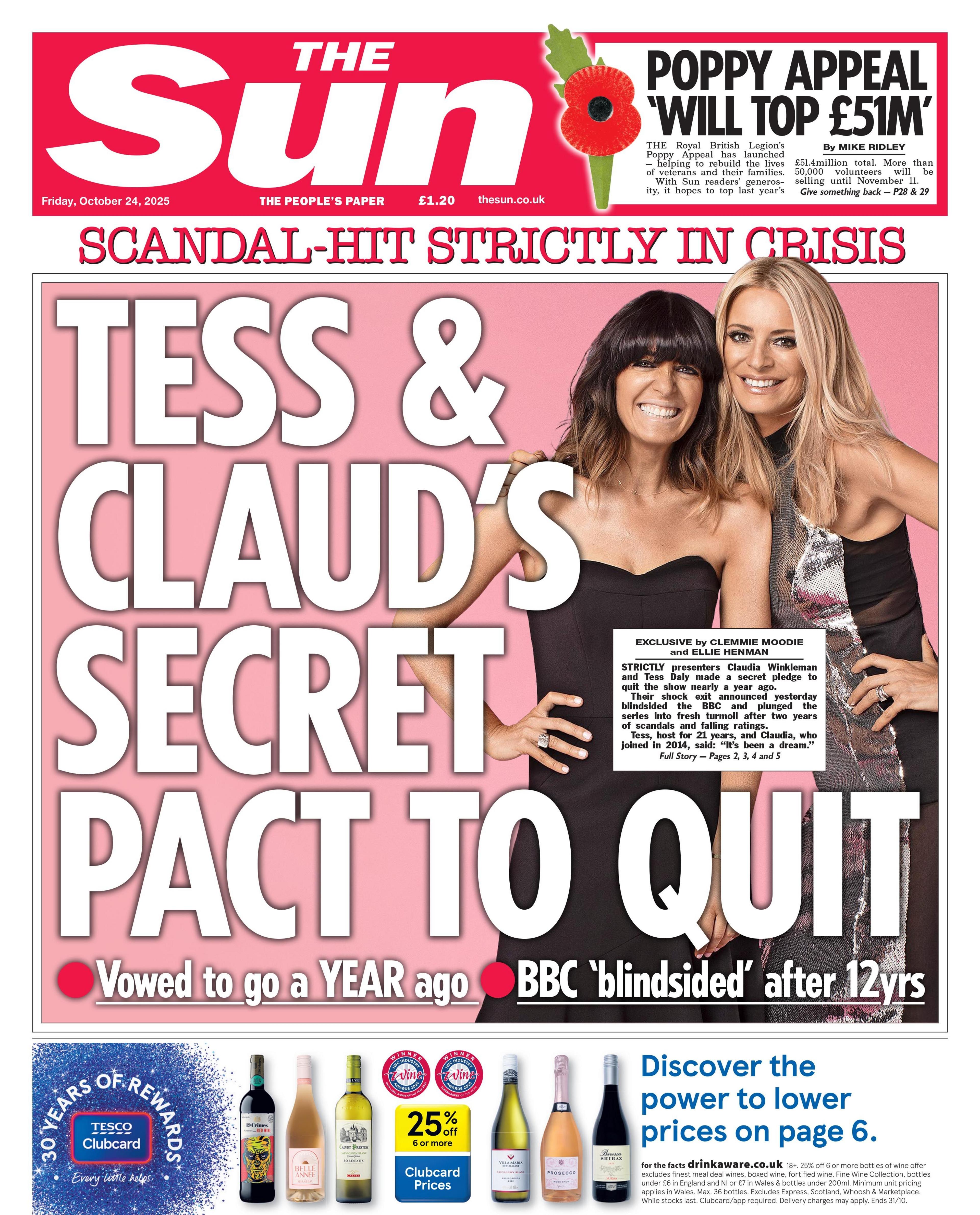 "Pakti sekret i Tess dhe Claud për të dhënë dorëheqjen", thuhet në titullin kryesor të gazetës "The Sun".