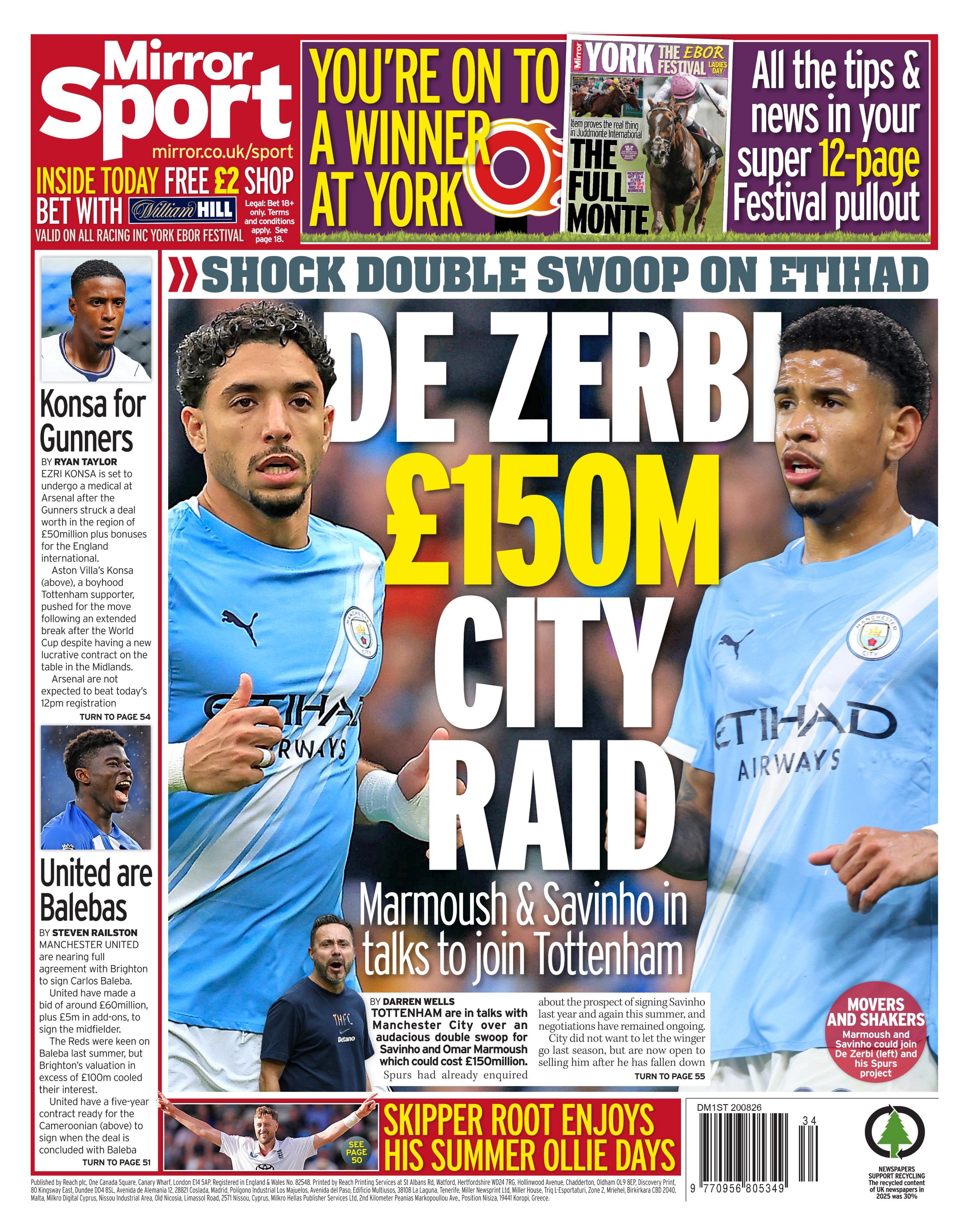Back page of the Daily Mirror on 20 August 2026