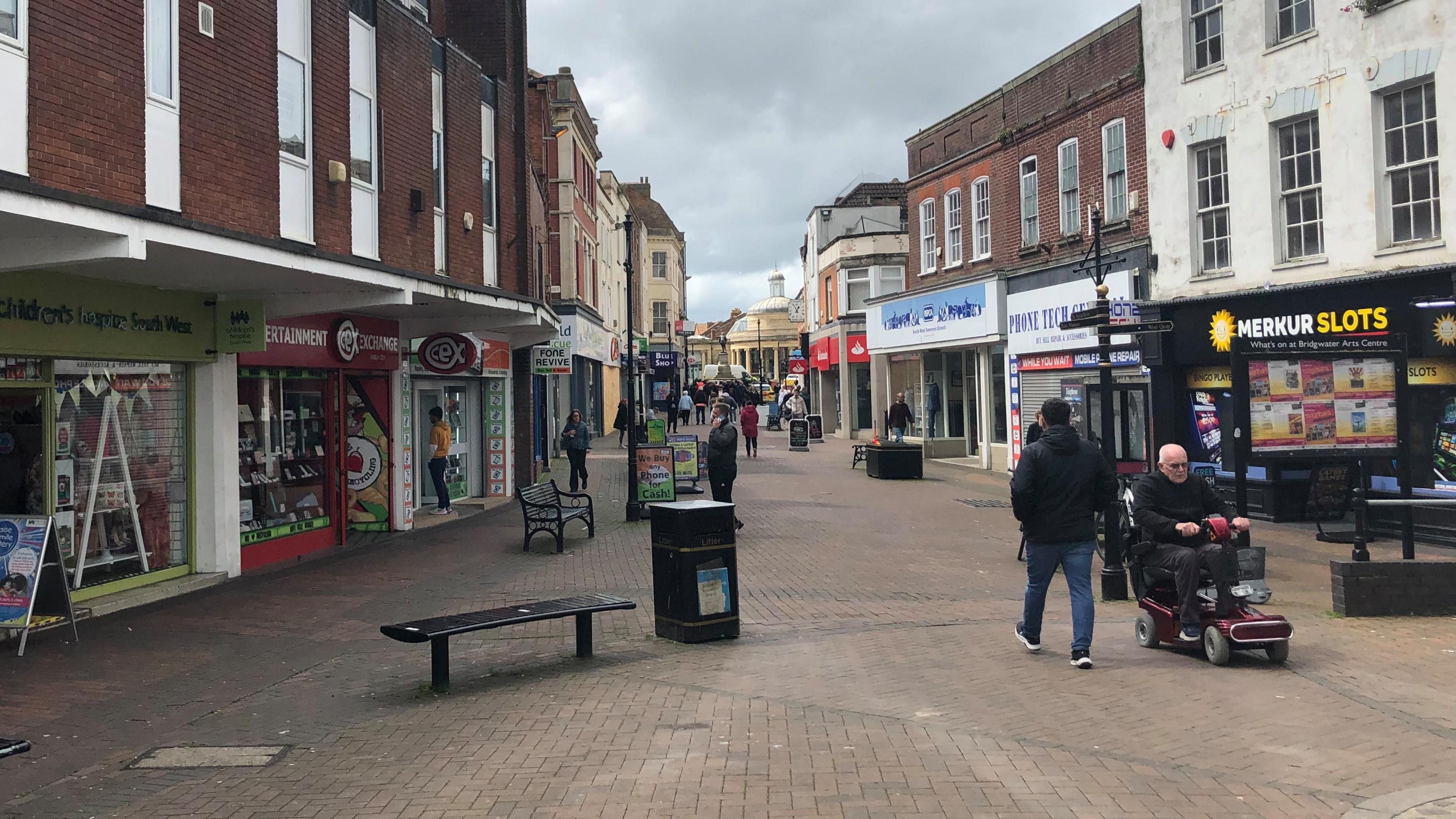 the pedestrianised Fore Street high street in Bridgwater, Somerset on a grey day