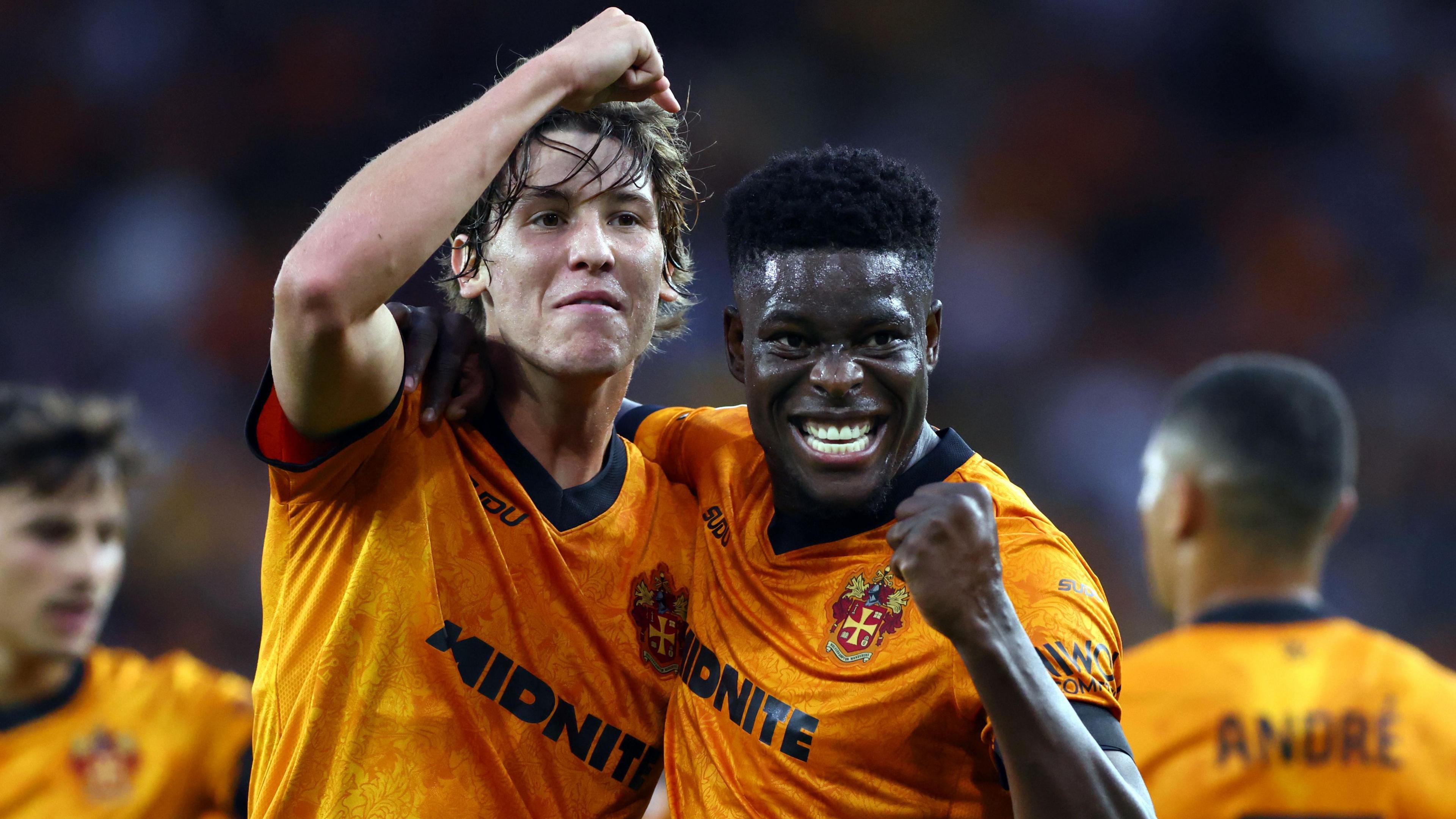 A smiling Marshall Munetsi celebrates his first Wolves goal since the final day of the 2024-25 season