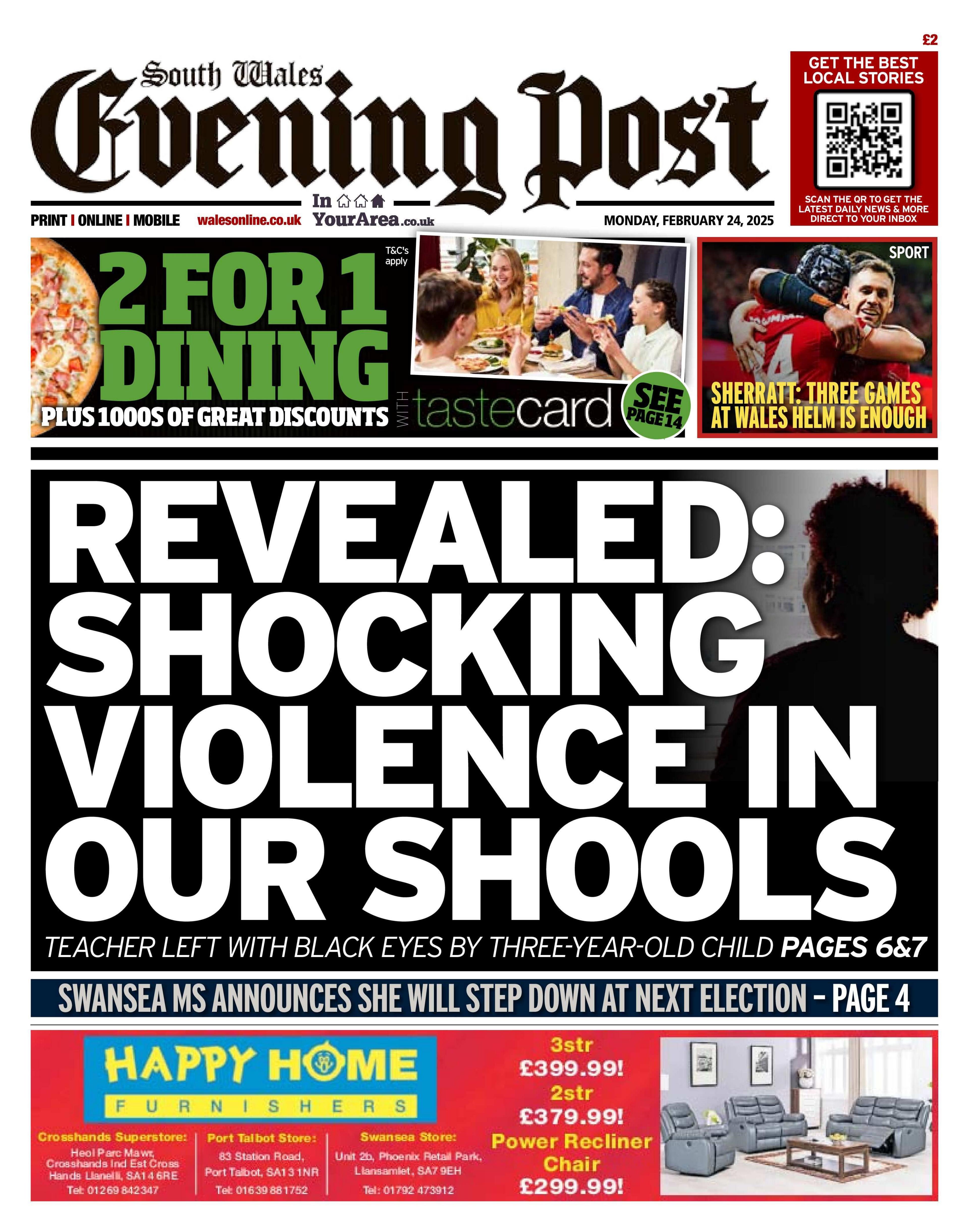 South Wales Evening Post newspaper front page shows the main headline next to a photo of a silhouetted woman with curly hair looking away into the distance: Revealed: Shocking violence in our schools. Other headlines on the front page are: Swansea MS announces she will step down at next election. Sherratt: three games at Wales helm is enough. 