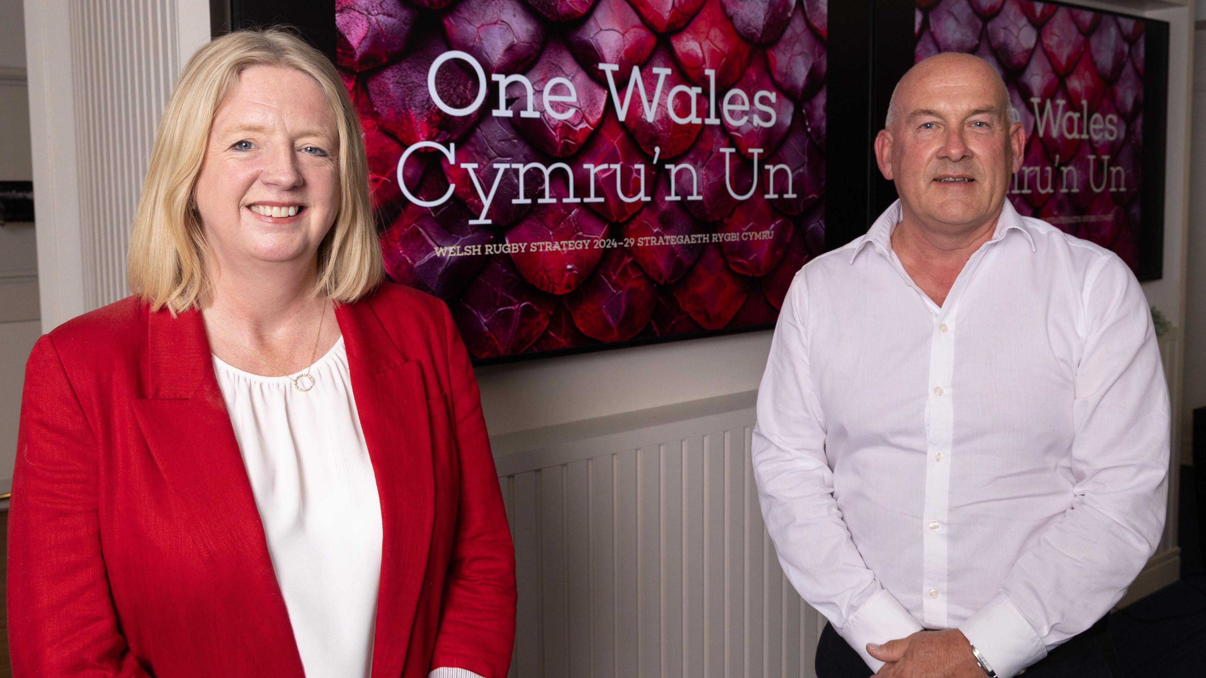 Welsh Rugby Union chief executive Abi Tierney and chair Richard Collier-Keywood pose for photos at a strategy launch
