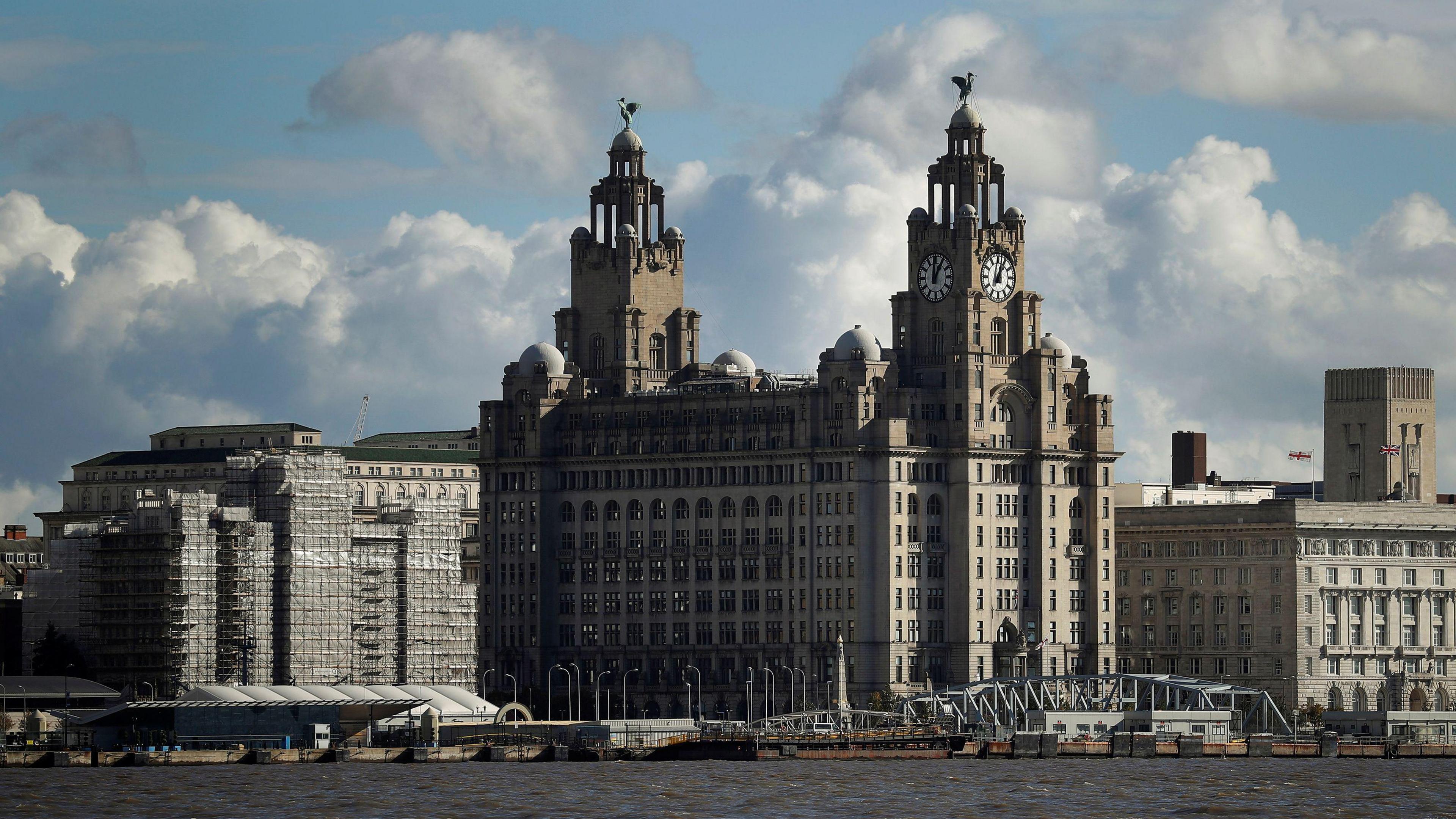 Liverpool's white brick Three Graces civic buildings