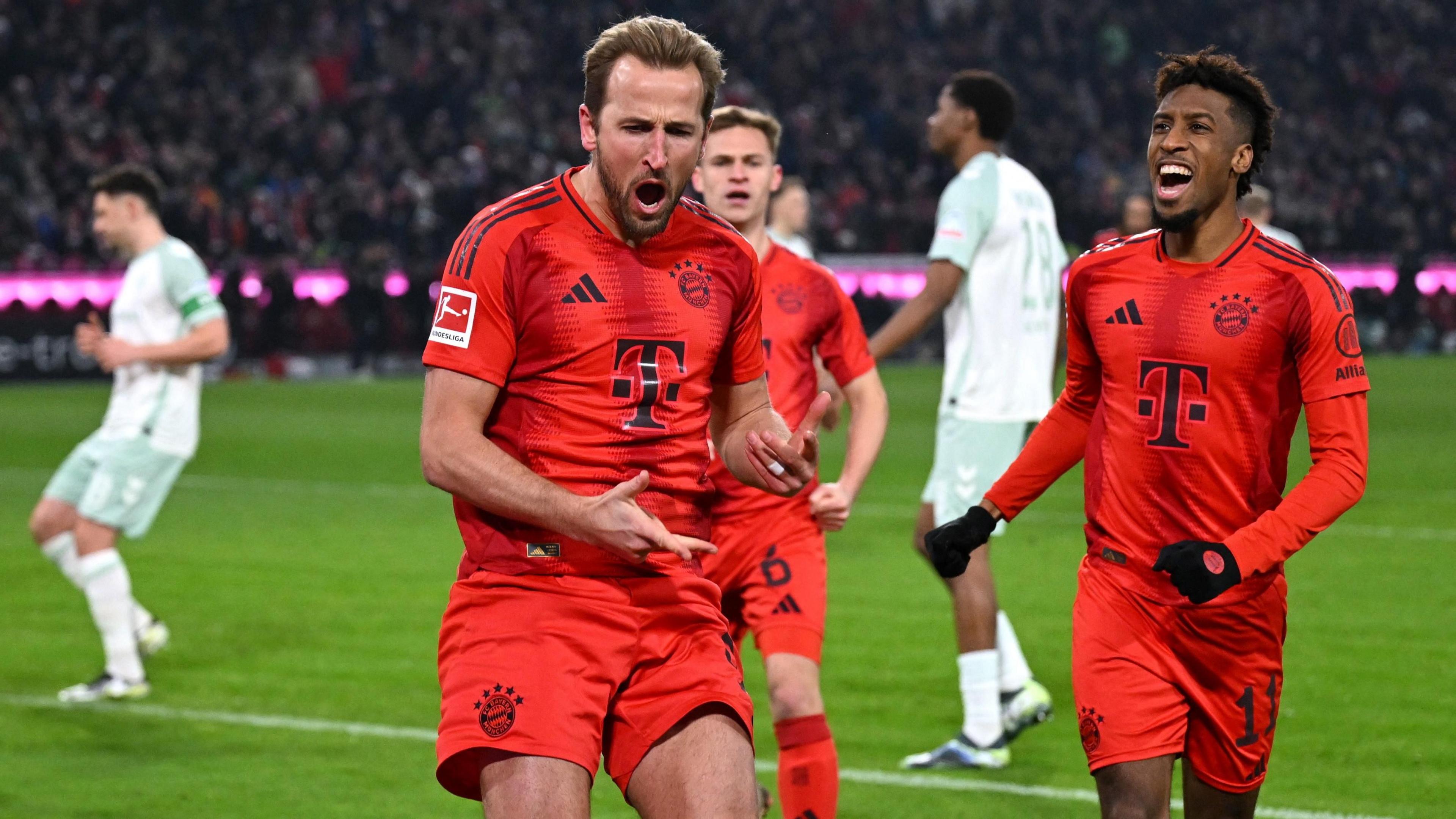 Harry Kane celebrates scoring a goal for Bayern Munich