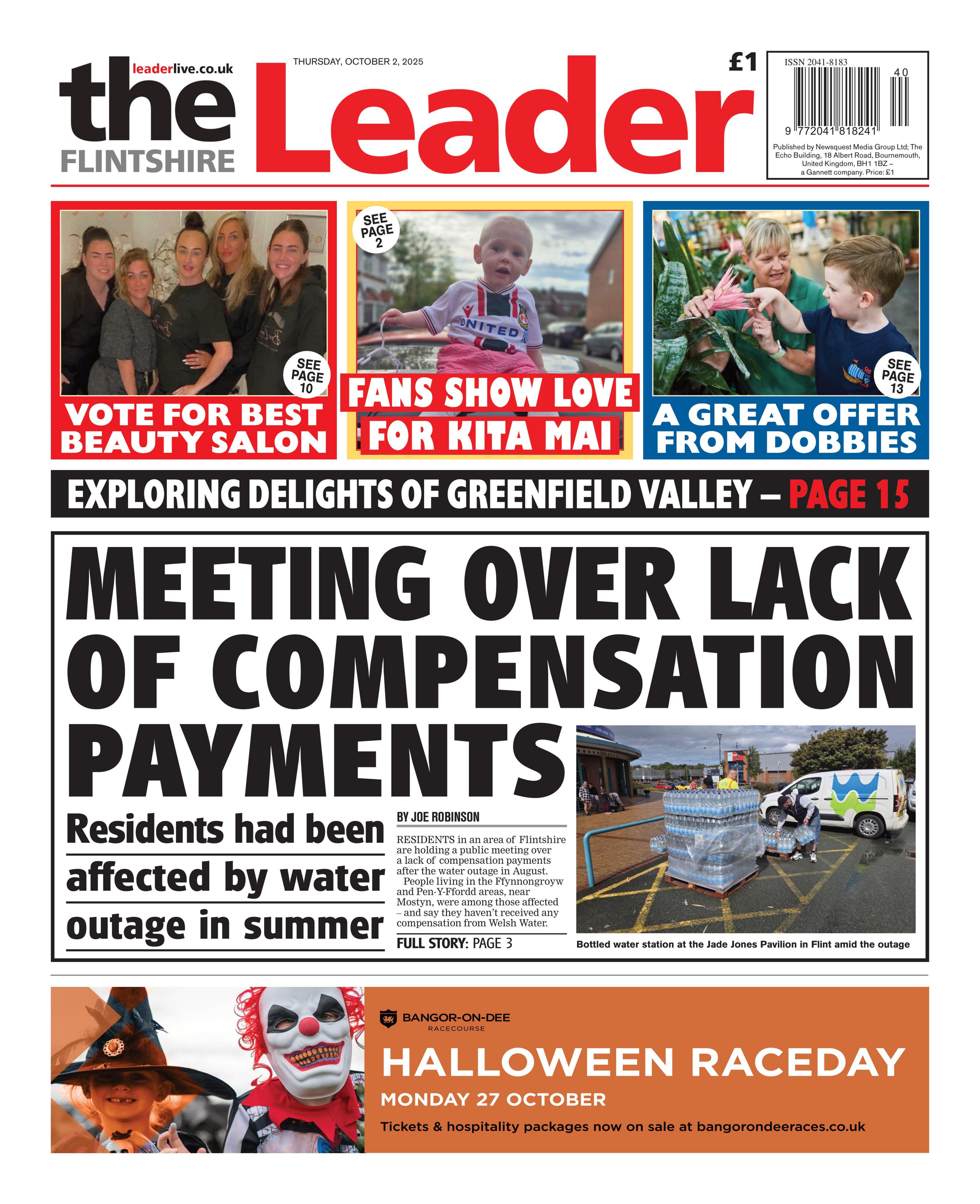 Main headline: Meeting over lack of compensation payments. Three images above with headlines that read (left to right) 'vote for best beauty salon', 'fans show love for kita mai', and 'a great offer from dobbies'