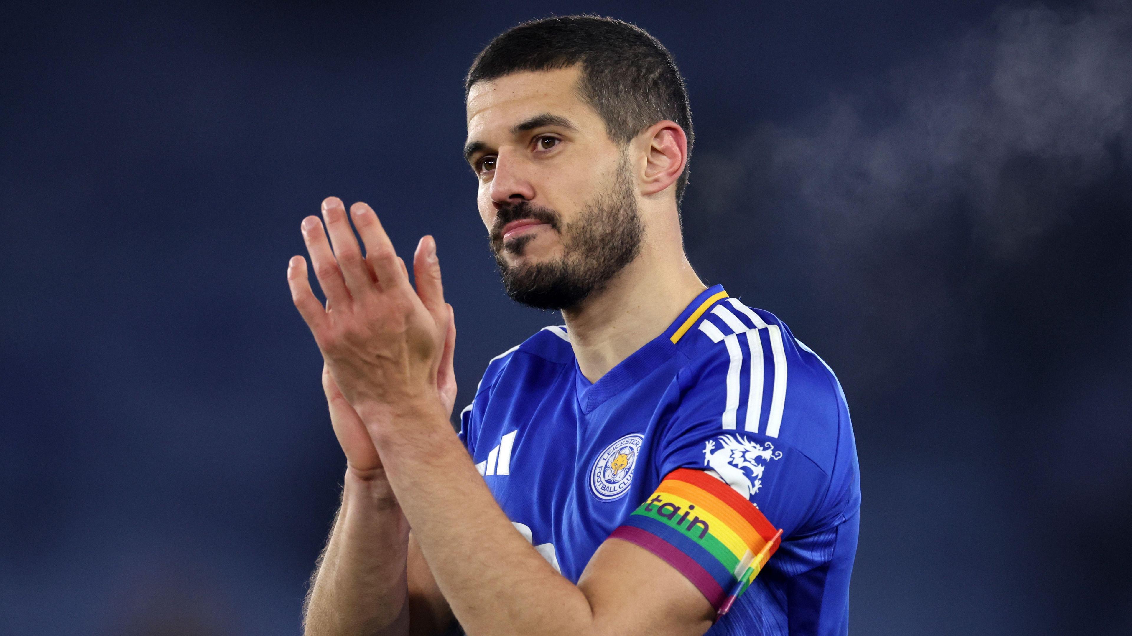 Conor Coady wearing the rainbow captain's armband while with Leicester City in 2024