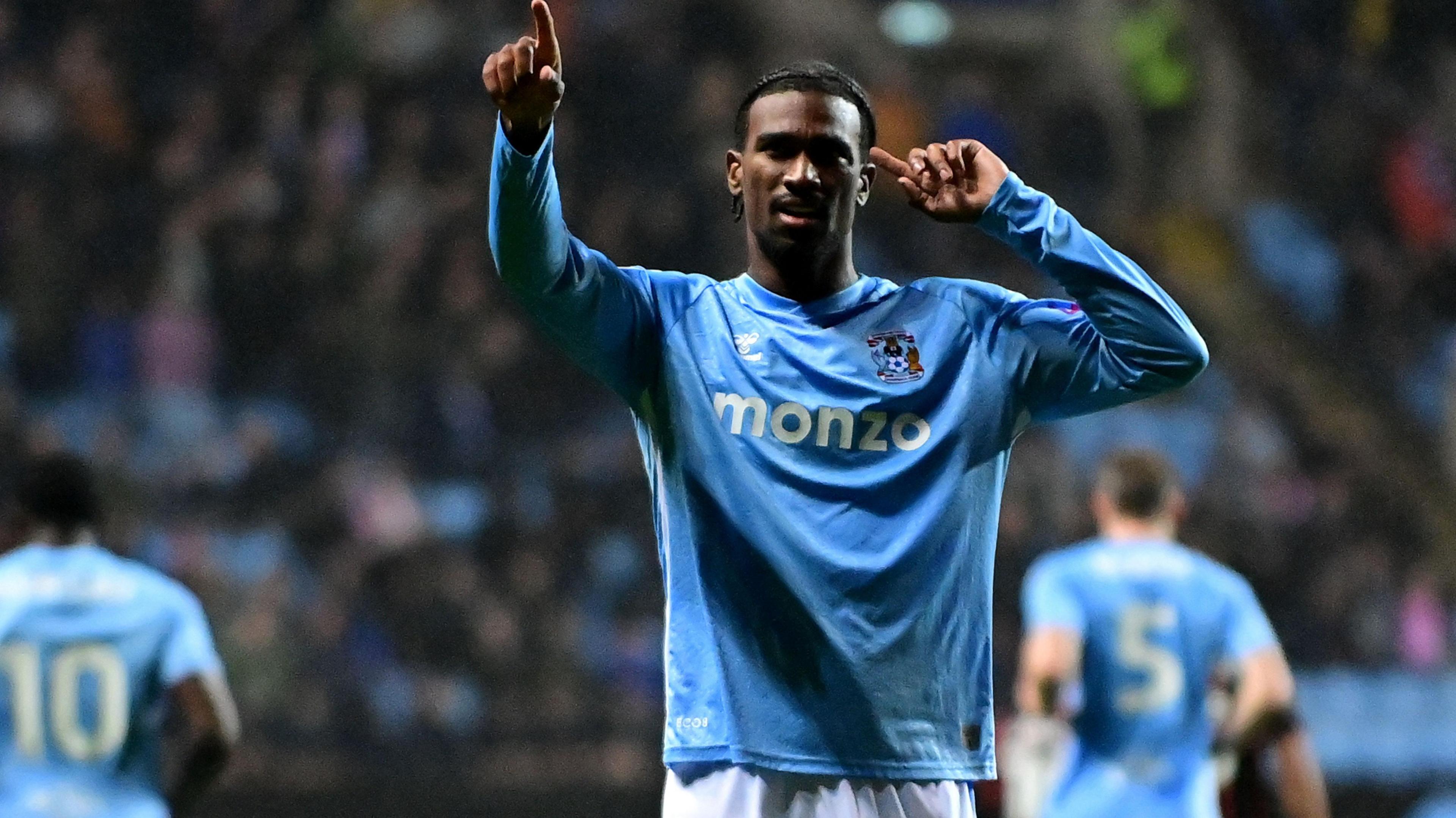 Haji Wright celebrates scoring Coventry's second goal