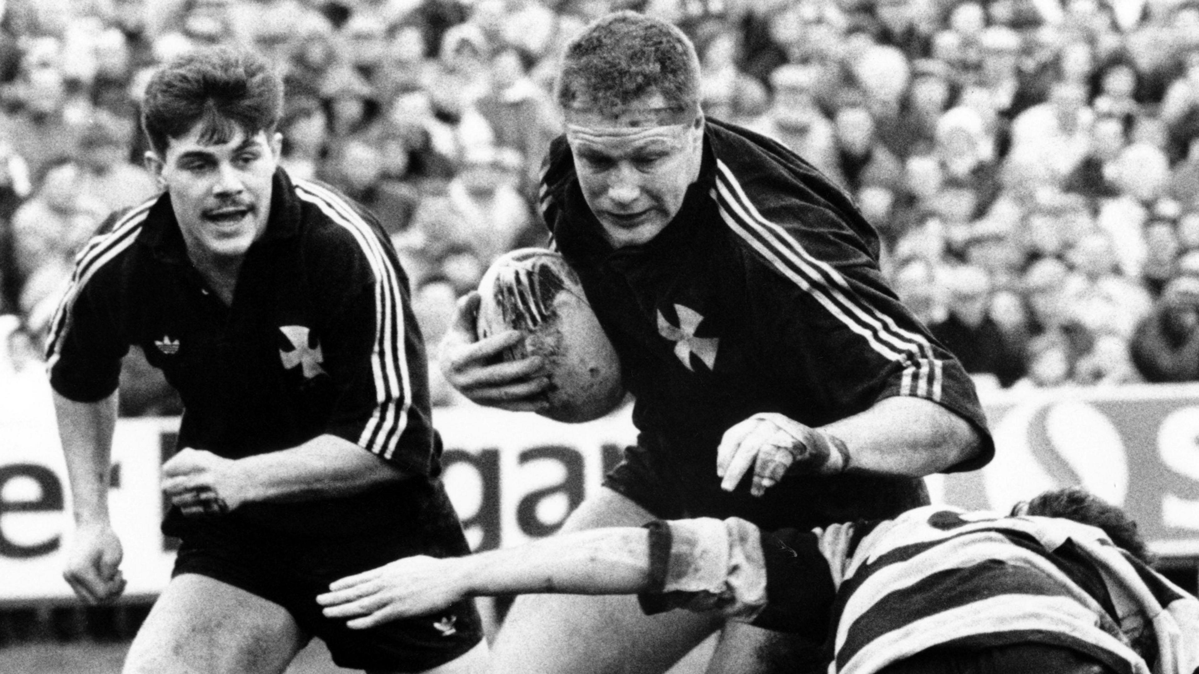 Mark Jones (centre, with ball in hand) in action for Neath against Cardiff shortly before his switch to rugby league in 1990