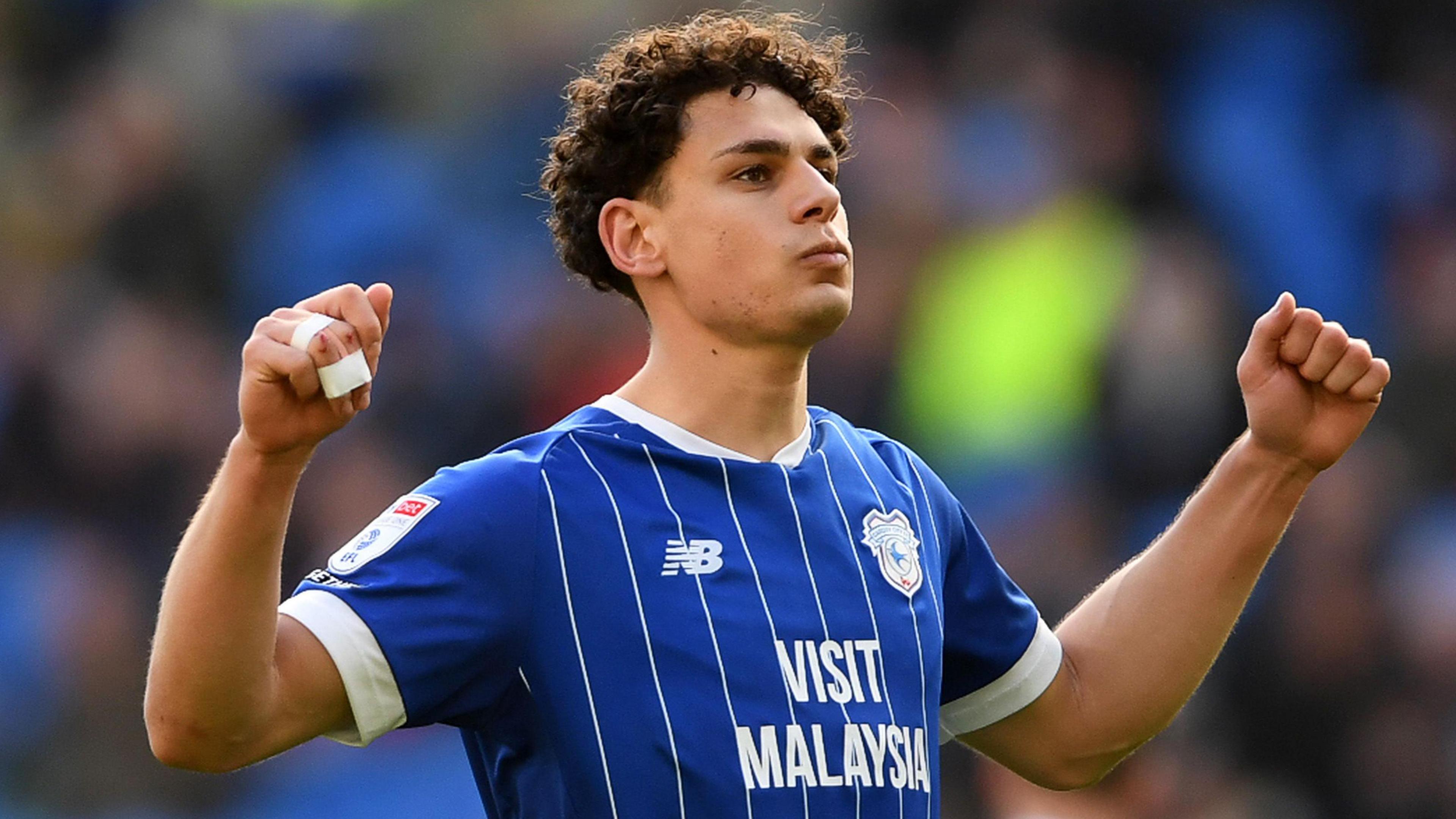 Yousef Salech celebrates scoring with Cardiff fans