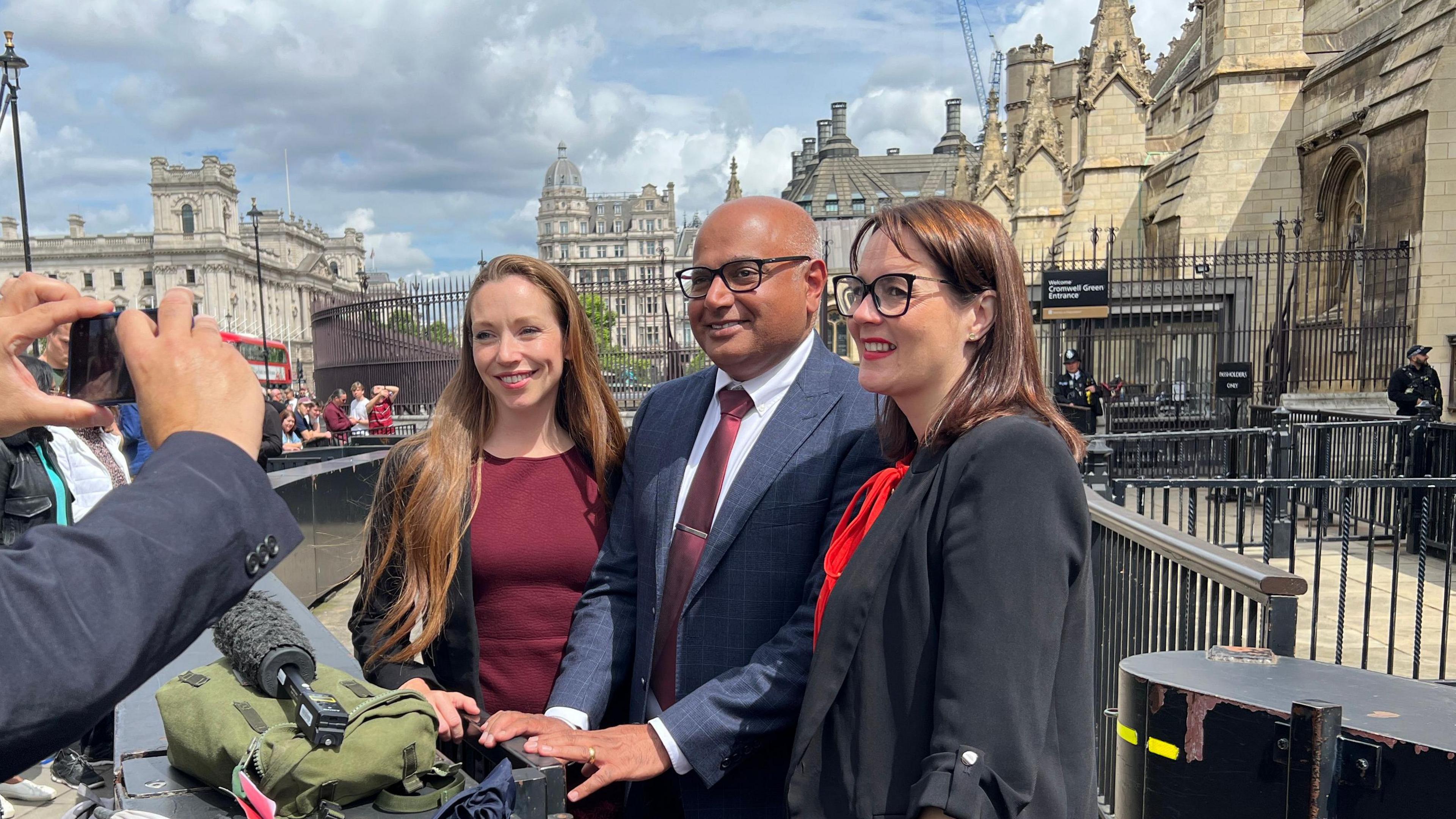 (Left to right) Catherine Atkinson, Baggy Shanker and Linsey Farnsworth outside the House of Commons on their first day