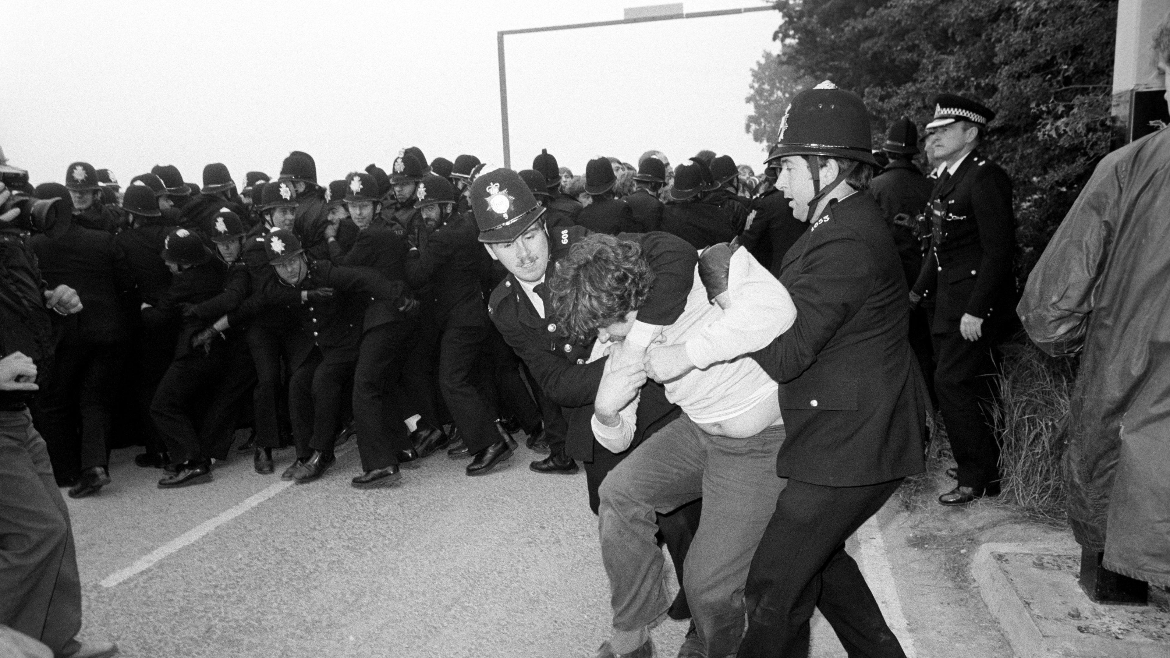 Clashes between striking miners and police at Gascoigne Wood Colliery in 1984