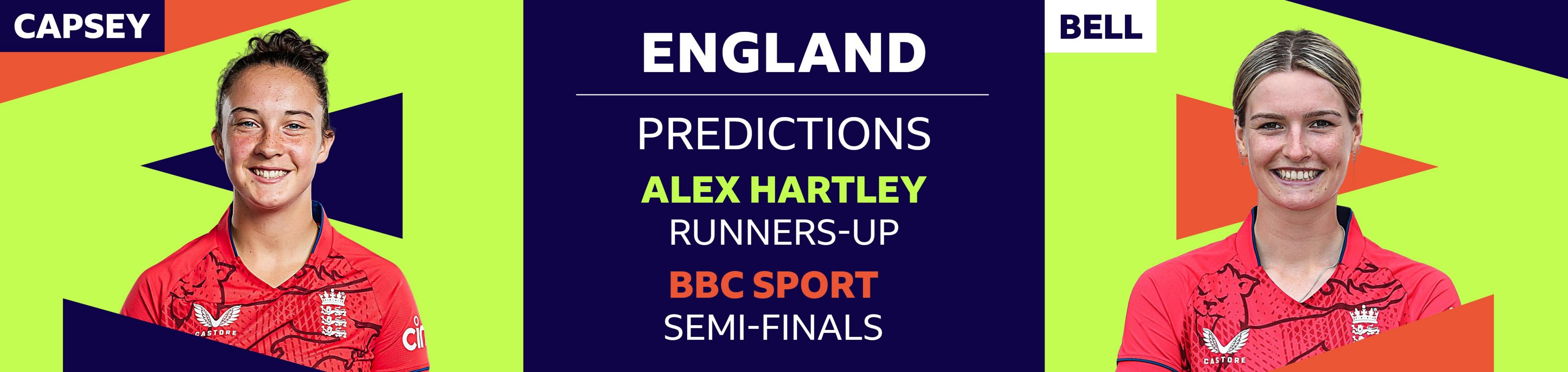 A banner image showing Alex Hartley has picked Alice Capsey and Lauren Bell as her two England players to watch at the Women's T20 World Cup 2023. Hartley has predicted England will finish runners-up, while BBC Sport cricket writer Ffion Wynne thinks they will reach the semi-finals