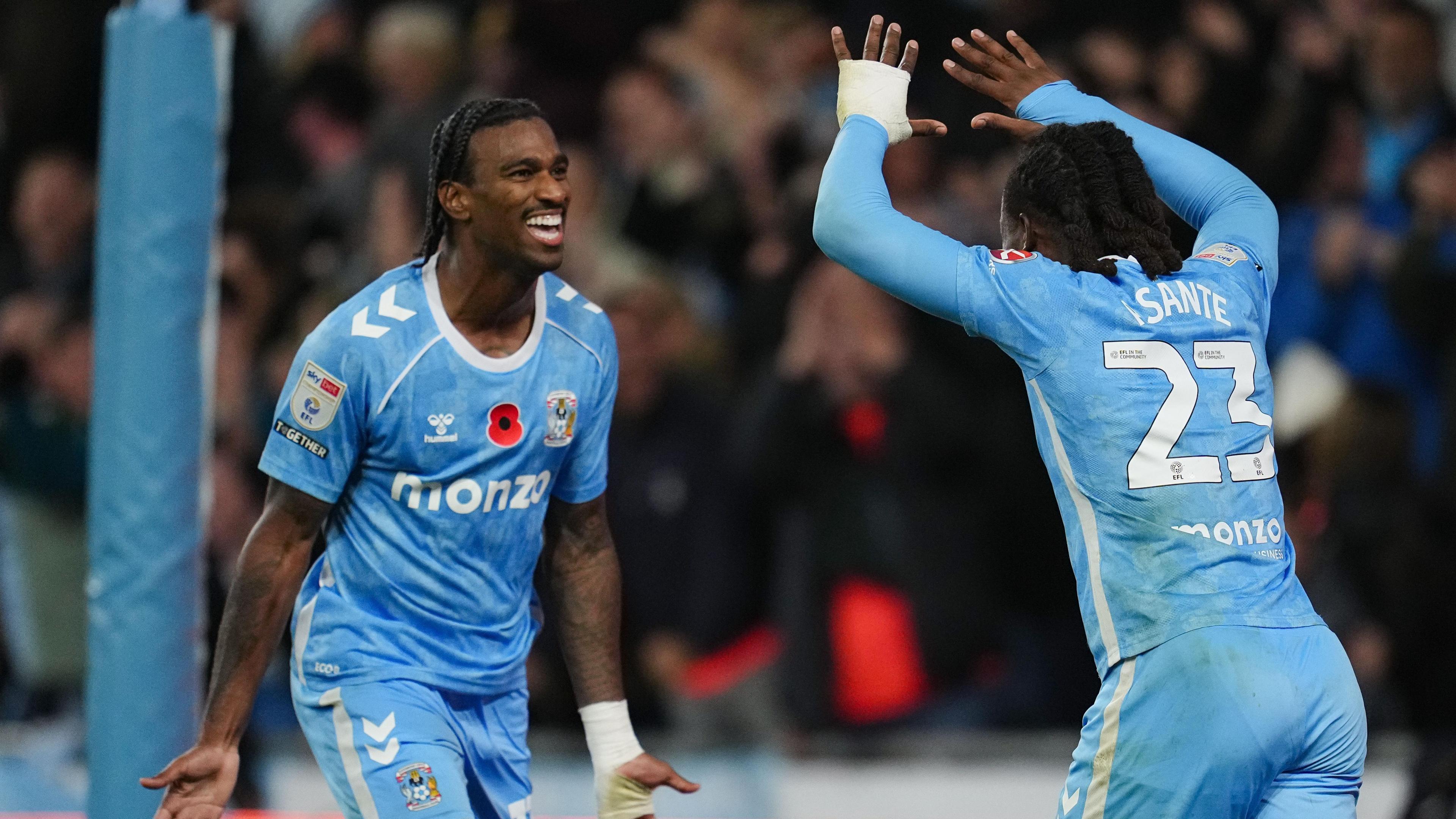 Haji Wright and Brandon Thomas Asante celebrate a Coventry City goal