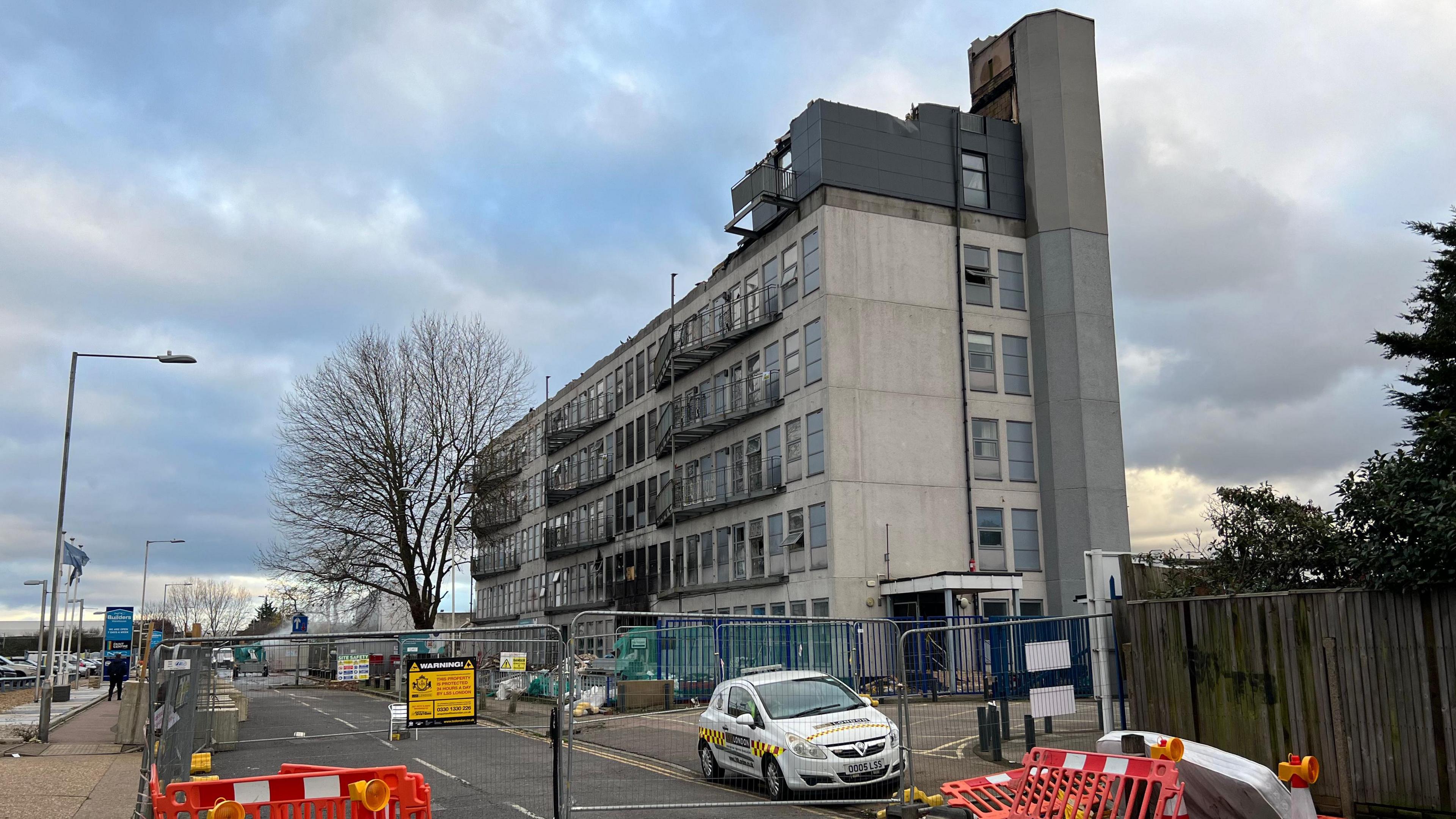 An exterior view of Spectrum House on the day that demolition work began. 