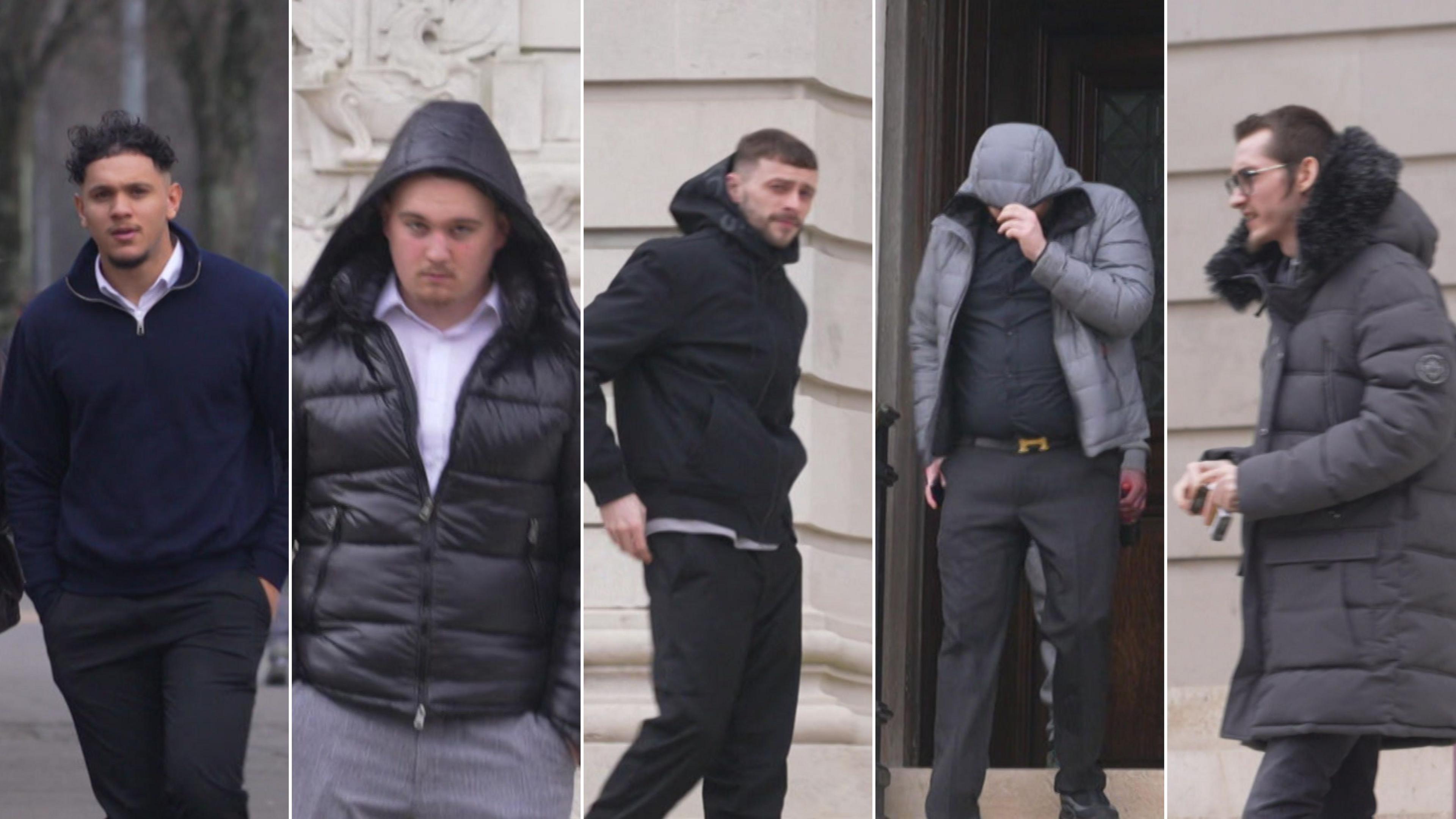 A composite image of the five defendants on the steps of Cardiff Crown Court. Liam Black is wearing a navy jumper, Liam Williams is wearing a black puffer jacket, Jamie Bateman is dressed all in black, Lee-Martin McQuade is covering his head with a grey puffer jacket and James Chappell is also wearing a long, grey puffer coat.