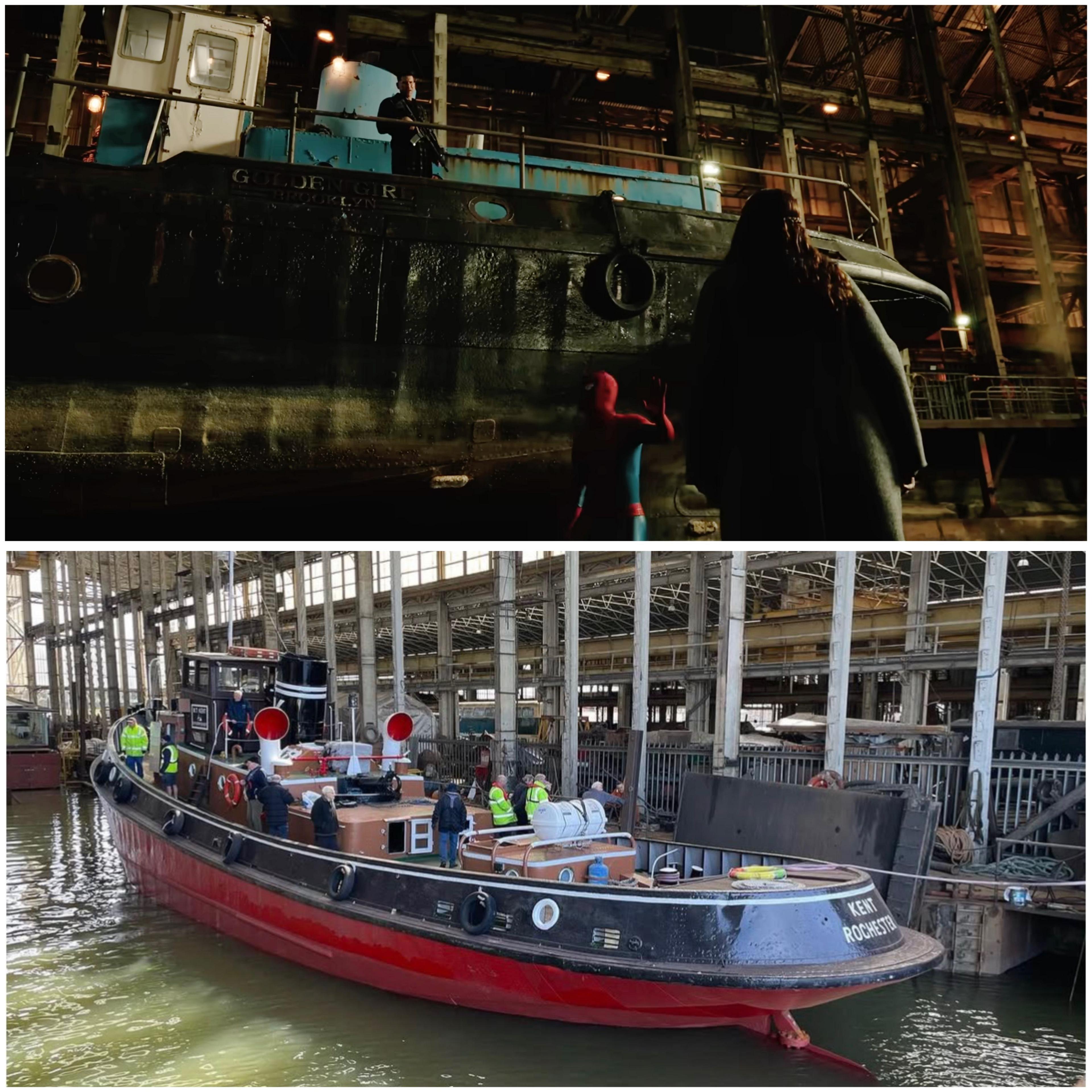 A side by side comparison of the boatyard in the film with the Punisher, Spider-man and MJ and an image taken from instagram of the working shipyard.