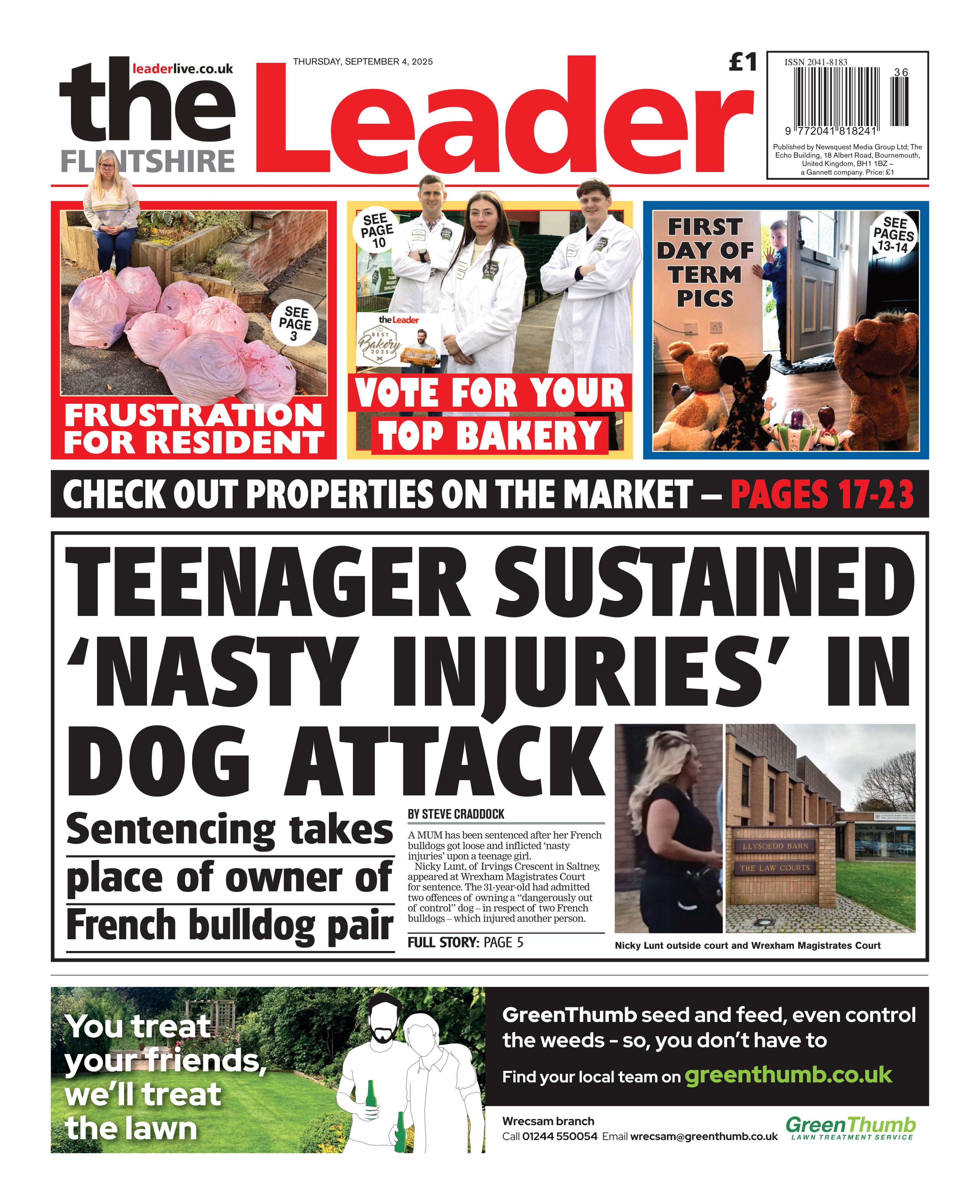 The centre of the page in bold writing reads 'teenager sustained 'nasty injuries' in dog attack, sentencing takes place of owner of French bulldog pair'. Three images are above the text, that read (left to right) 'frustration for resident' with an image of multiple bin bags, 'vote for your top bakery' and 'first day of term pics'