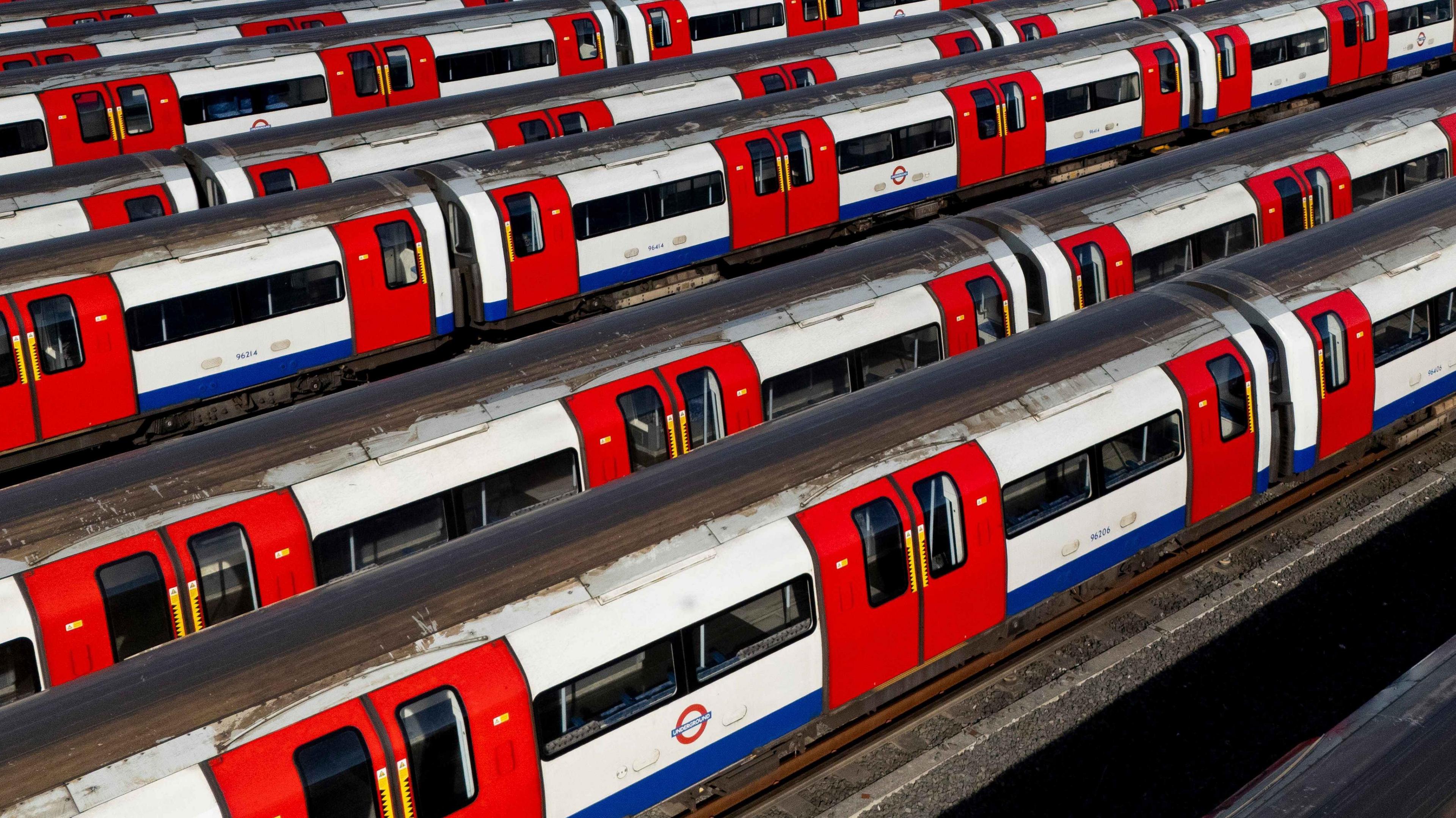 An aerial picture taken with a drone shows London Underground tube trains parked at Stratford Market Depot as the second day of the Tube strike
